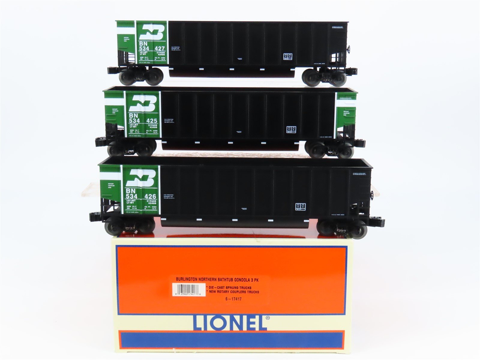 O Gauge 3-Rail Lionel 6-17417 BN Burlington Northern Bathtub Gondola 3-Car Pack