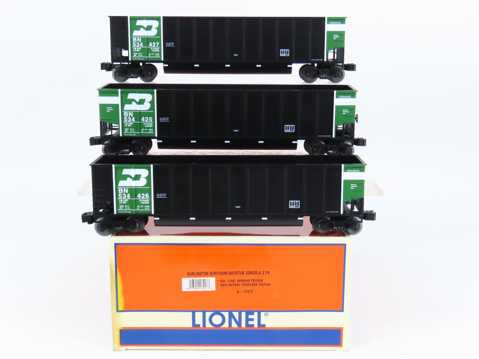 O Gauge 3-Rail Lionel 6-17417 BN Burlington Northern Bathtub Gondola 3-Car Pack