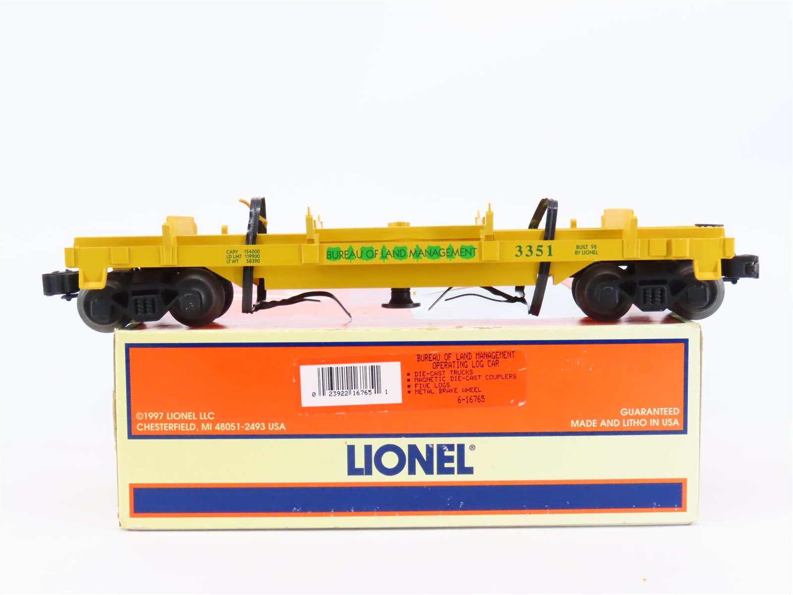 O Gauge 3-Rail Lionel 6-16765 Bureau of Land Management Operating Log Car #3351