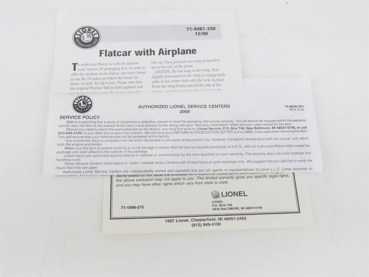 O Gauge 3-Rail Lionel Postwar 6-19487 Flatcar #6800 w/Airplane