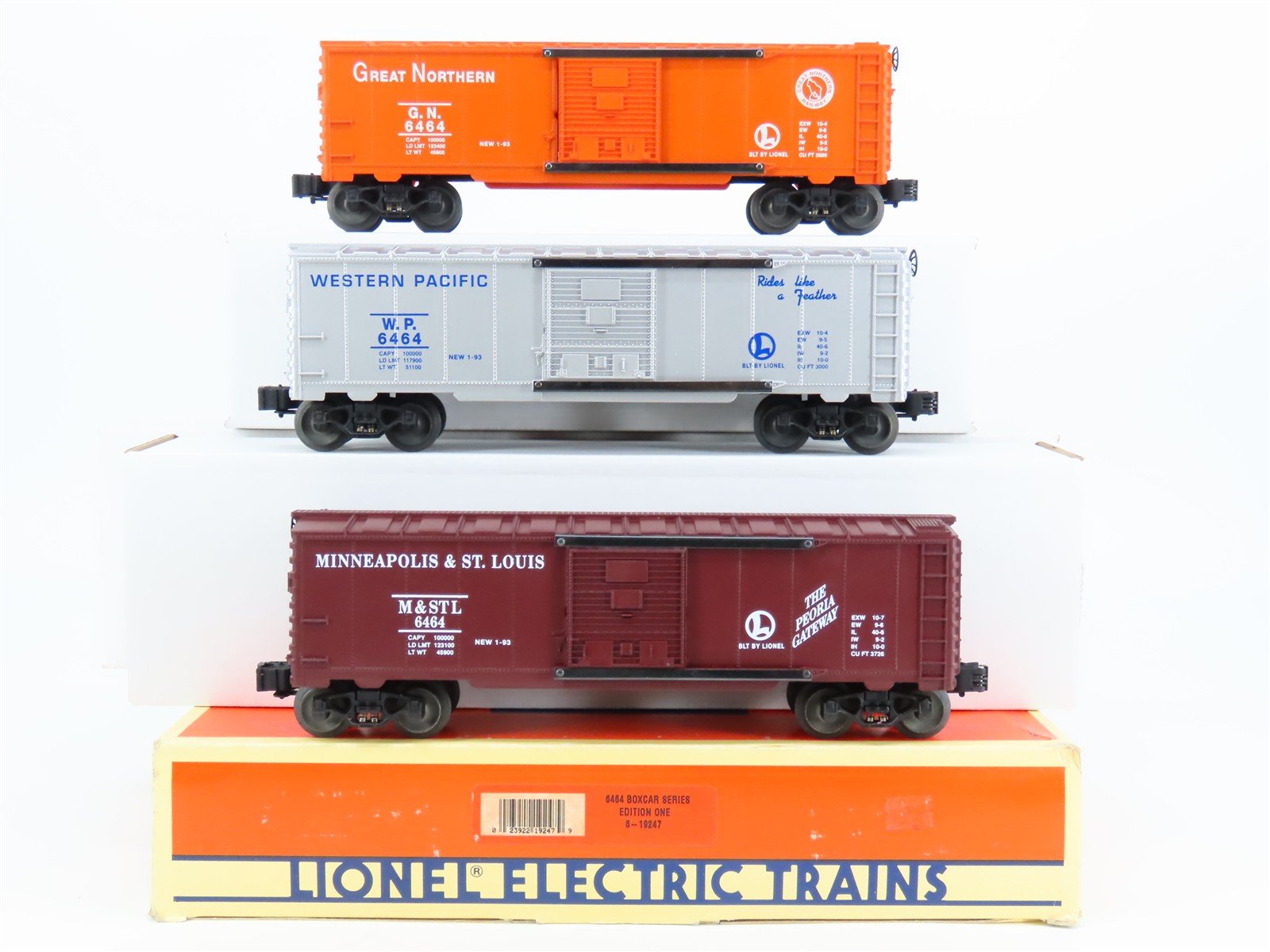 O Gauge 3-Rail Lionel 6-19247 WP/M&STL/GN Single Door Box Car Set of 3