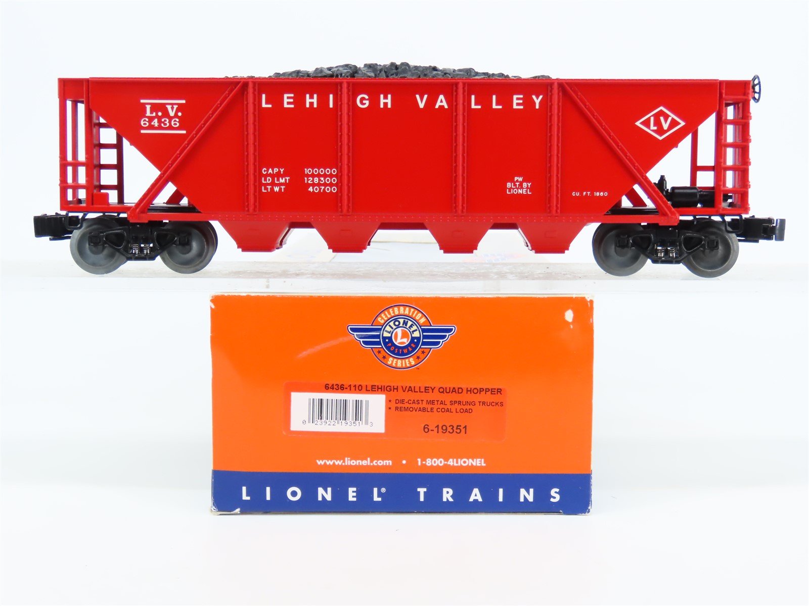 O Gauge 3-Rail Lionel 6-19351 LV Lehigh Valley 4-Bay Hopper #6436 w/ Coal Load
