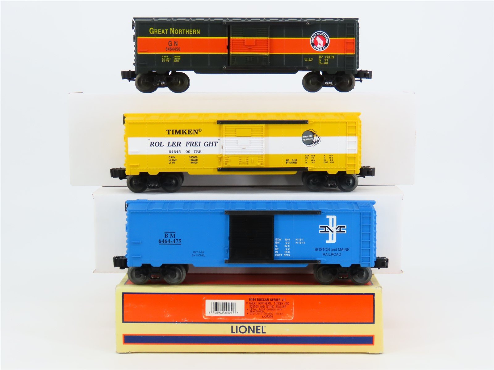 O Gauge 3-Rail Lionel 6-29209 TRB/BM/GN Single Door Box Car Set of 3