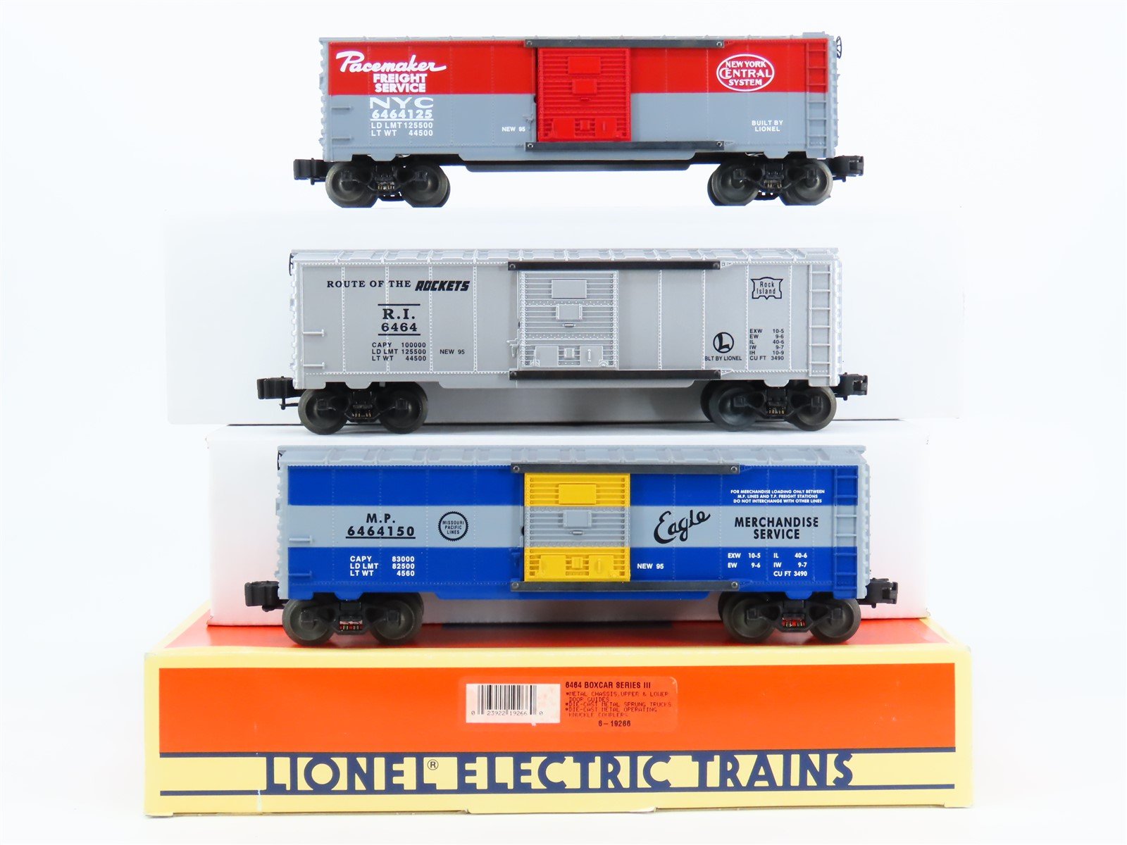 O Gauge 3-Rail Lionel 6-19266 MP/RI/NYC Single Door Box Car Set of 3