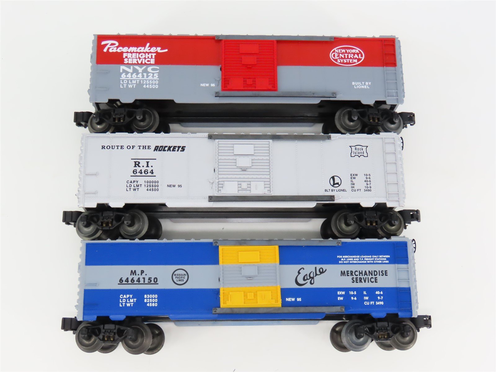 O Gauge 3-Rail Lionel 6-19266 MP/RI/NYC Single Door Box Car Set of 3