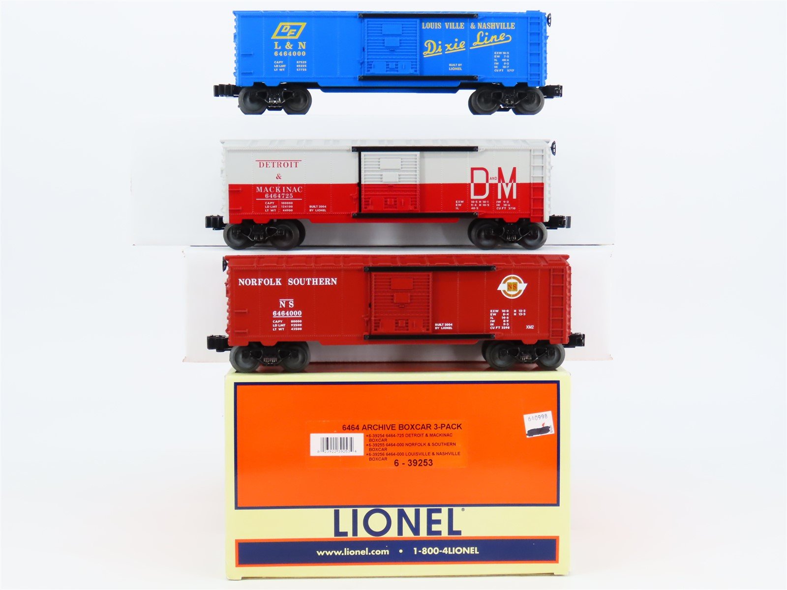 O Gauge 3-Rail Lionel 6-39253 NS/DM/L&N 6464 Archive Single Door Box Car 3-Pack