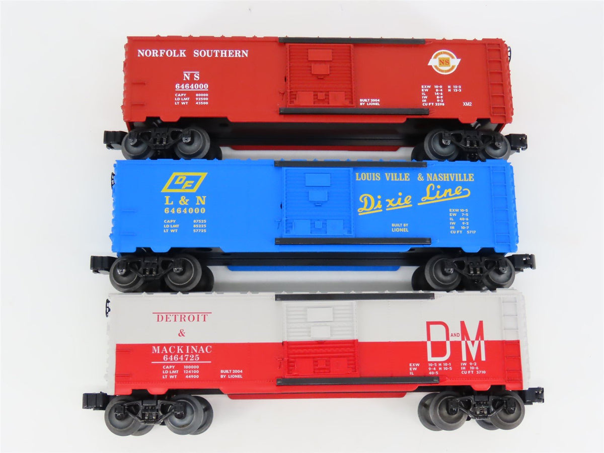 O Gauge 3-Rail Lionel 6-39253 NS/DM/L&amp;N 6464 Archive Single Door Box Car 3-Pack