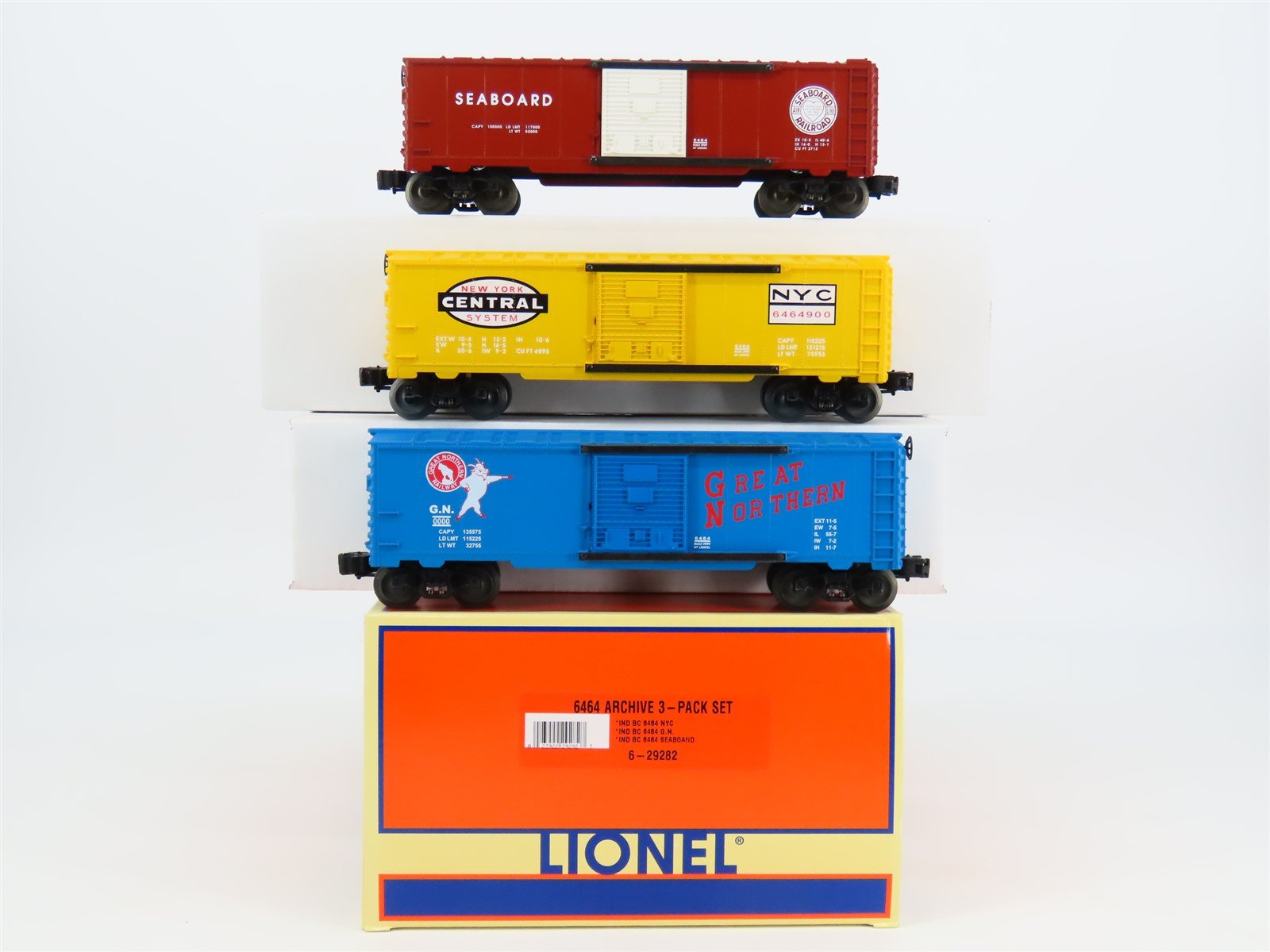 O Gauge 3-Rail Lionel 6-29282 GN/NYC/SAL 6464 Archive Single Door Box Car 3-Pack