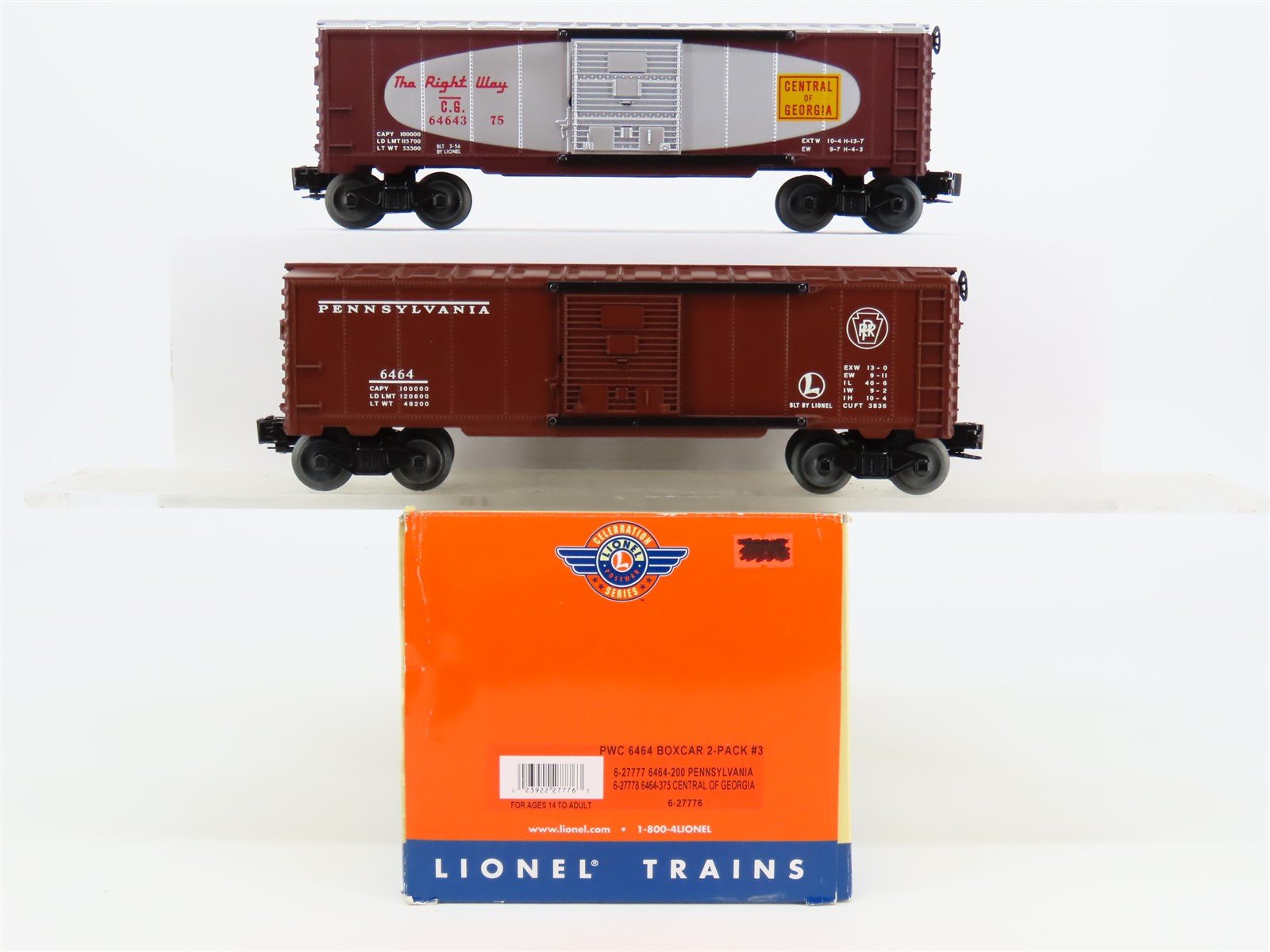 O Gauge 3-Rail Lionel Postwar 6-27776 PRR & CG 6464 Single Door Box Car 2-Pk. #3