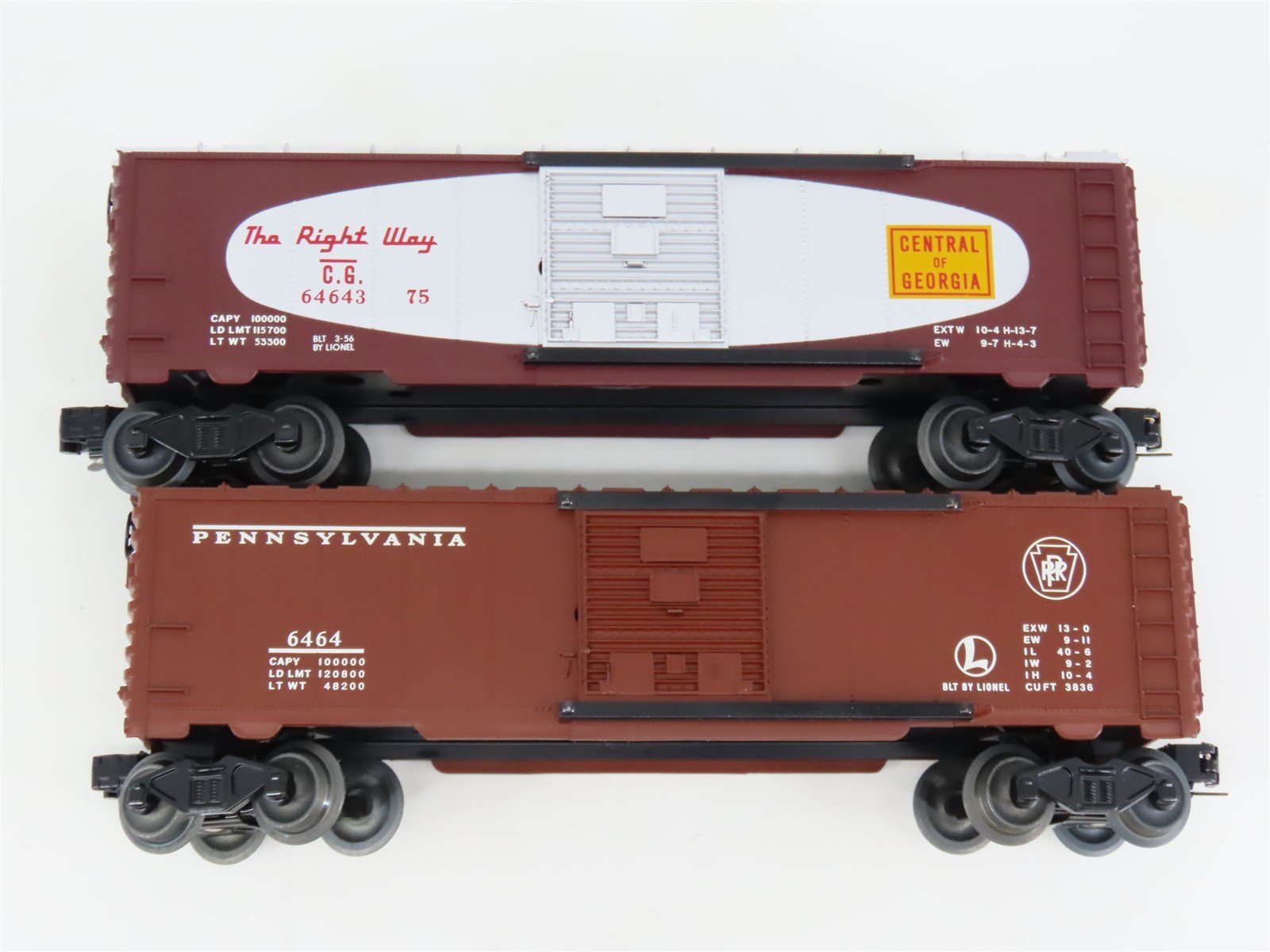 O Gauge 3-Rail Lionel Postwar 6-27776 PRR & CG 6464 Single Door Box Car 2-Pk. #3
