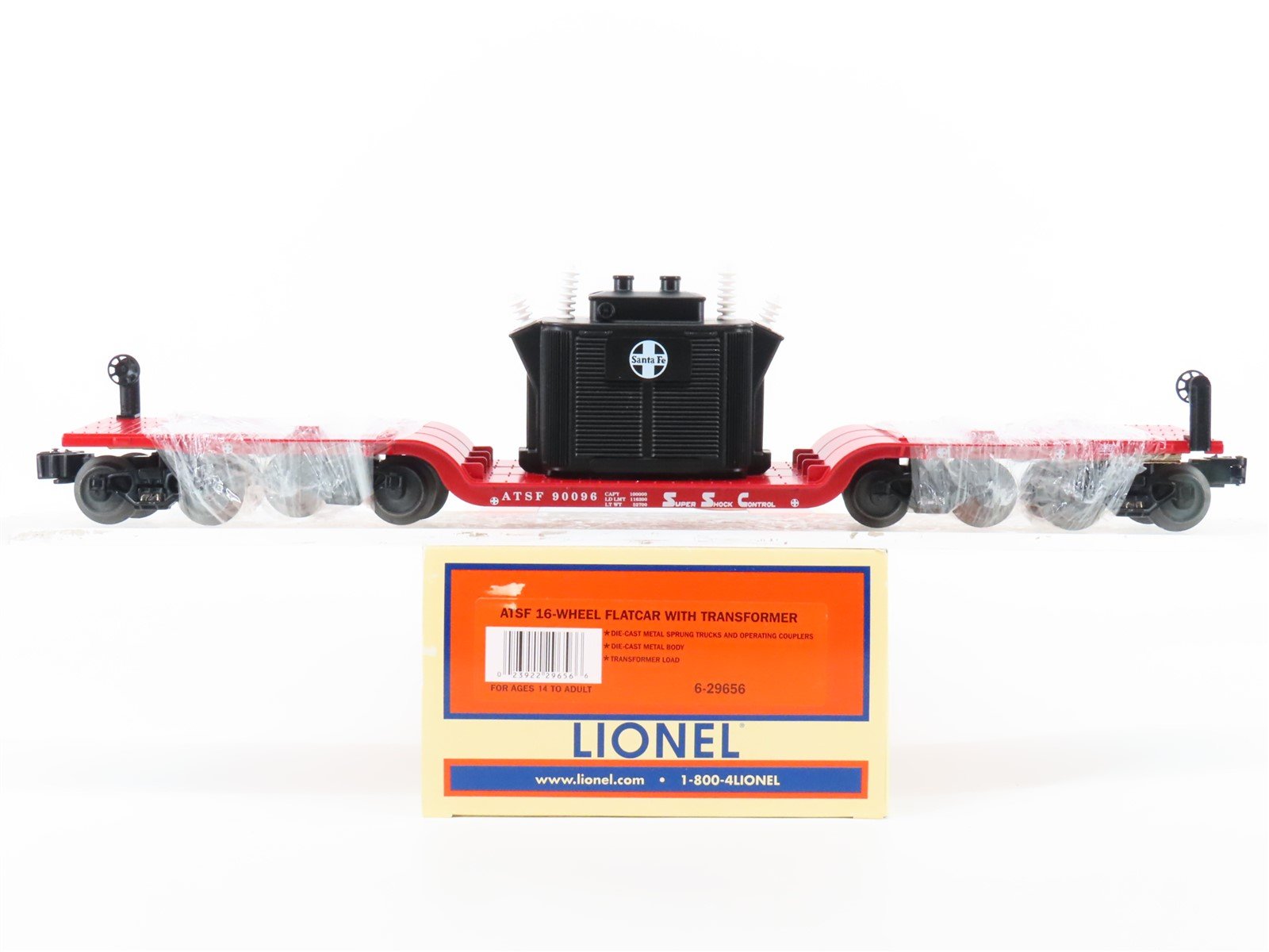 O Gauge 3-Rail Lionel 6-29656 ATSF 16-Wheel Flat Car #90096 w/ Transformer