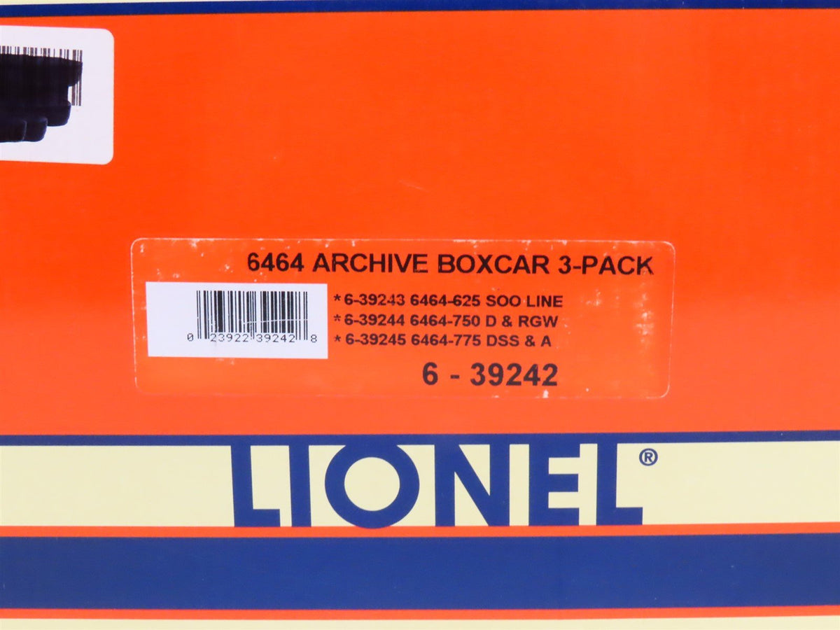 O Gauge 3-Rail Lionel 6-39242 6464 Archive SOO, D&amp;RGW, DSS&amp;A Box Car 3 Pack