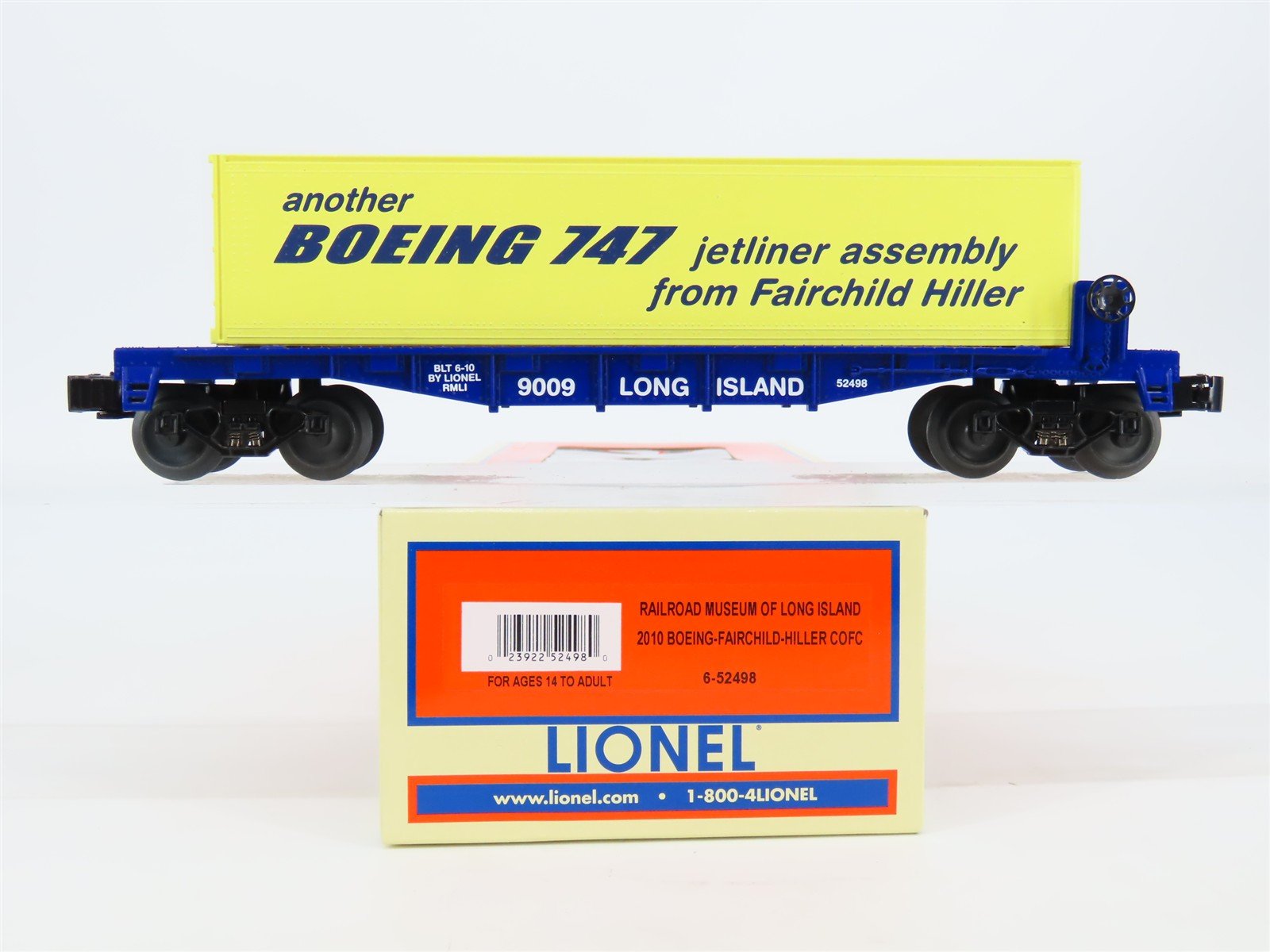 O Gauge 3-Rail Lionel 6-52498 RMLI Long Island Flatcar #9009 w/ Boeing Container