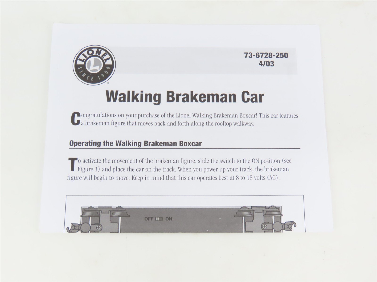 O Gauge 3-Rail Lionel 6-26854 UP Union Pacific Walking Brakeman Boxcar #26854