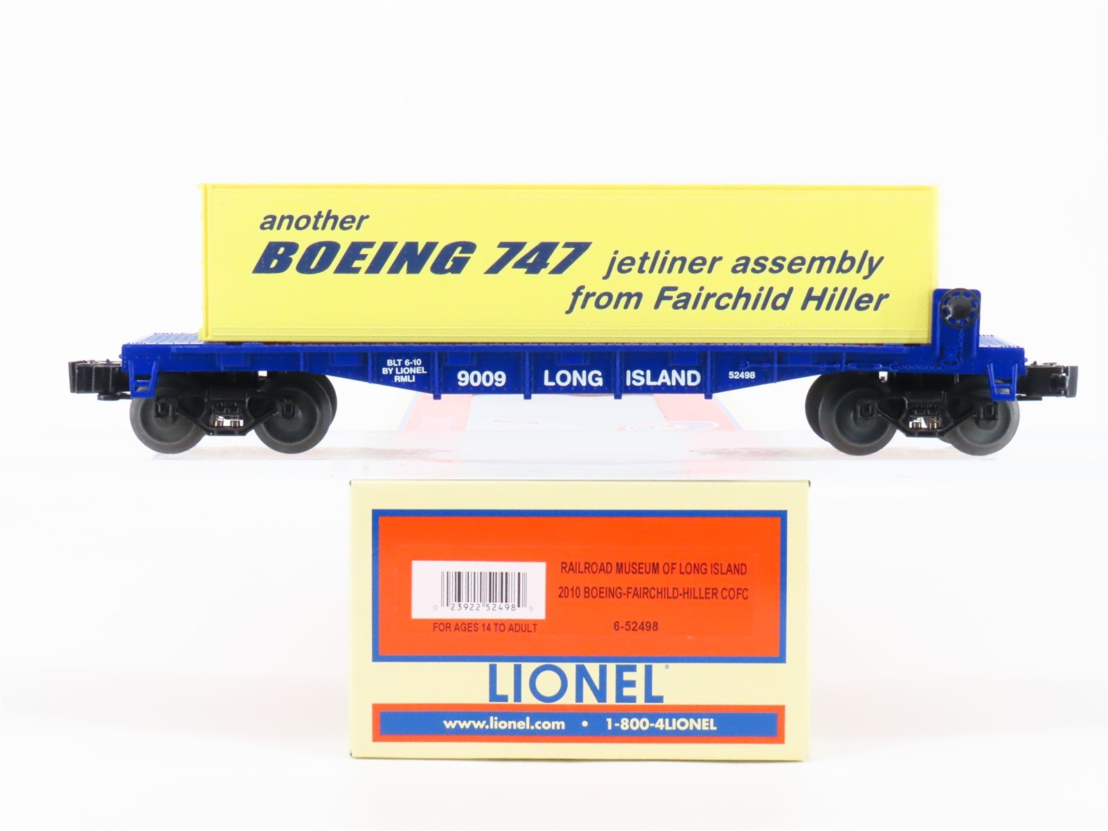 O Gauge 3-Rail Lionel 6-52498 RMLI Long Island Flatcar #9009 w/ Boeing Container