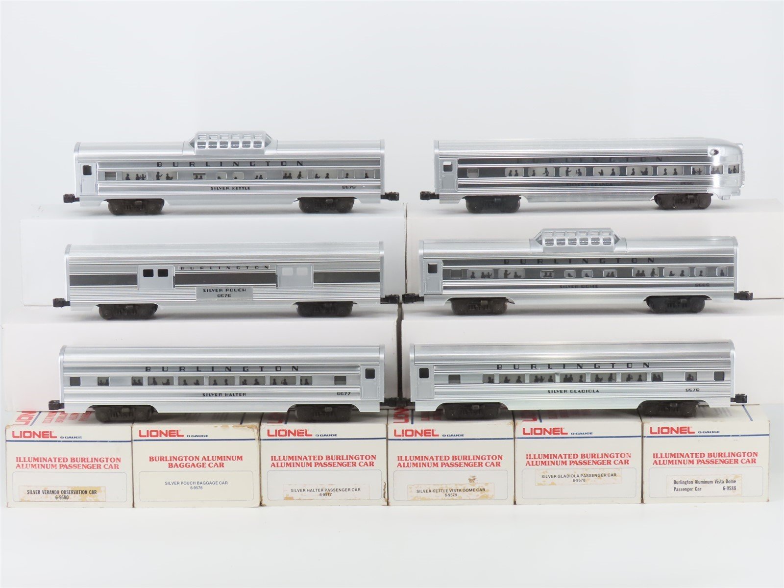 O Gauge 3-Rail Lionel CBQ Burlington Silver Aluminum 6-Car Passenger Set