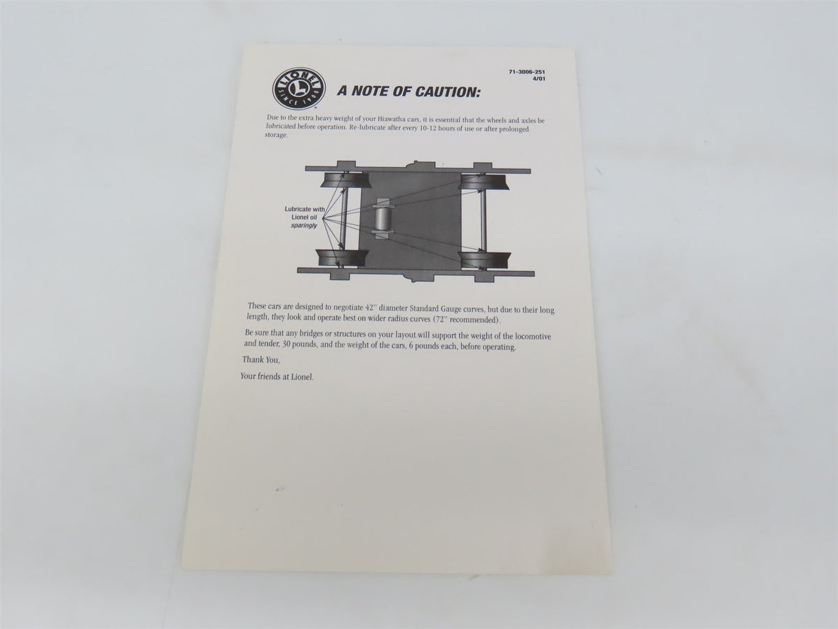 Standard Gauge Lionel 71-3006-200 Milwaukee Road Hiawatha 4-Car Passenger Set