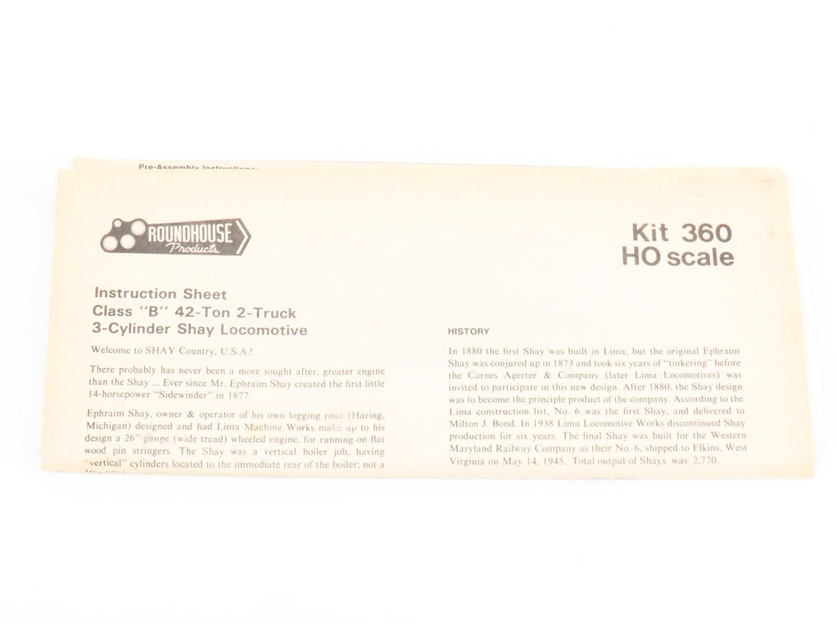 HO Scale Roundhouse Kit #360 Undecorated Class B 42-Ton 2-Truck Shay Steam