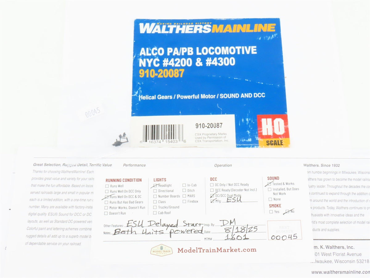 HO Scale Walthers Mainline 910-20087 NYC ALCO PA/PB Diesel Set w/DCC &amp; Sound