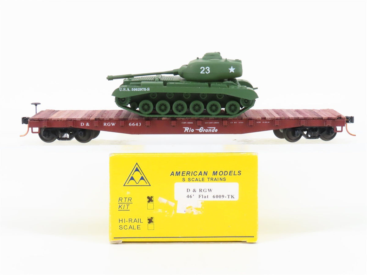 S Scale American Models 6009-TK D&amp;RGW Rio Grande Flat Car w/ U.S.A. Tank Load