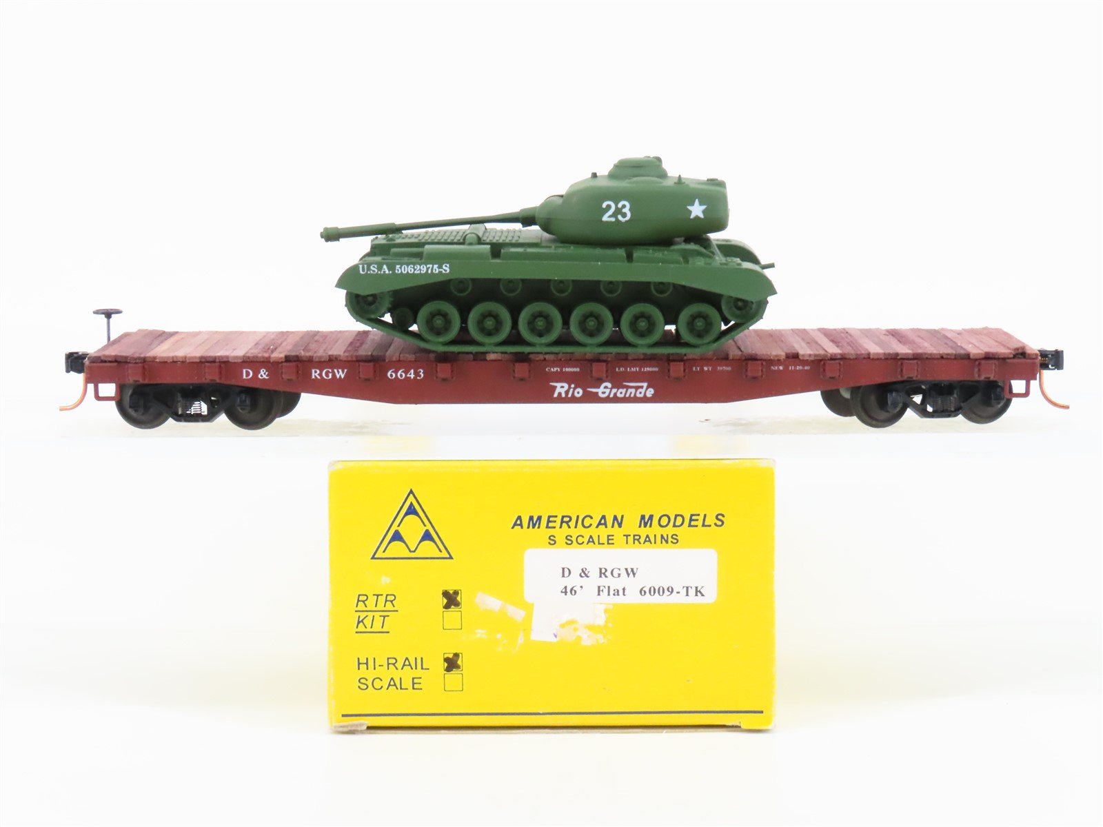 S Scale American Models 6009-TK D&RGW Rio Grande Flat Car w/ U.S.A. Tank Load