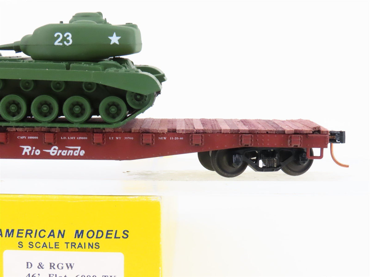 S Scale American Models 6009-TK D&amp;RGW Rio Grande Flat Car w/ U.S.A. Tank Load