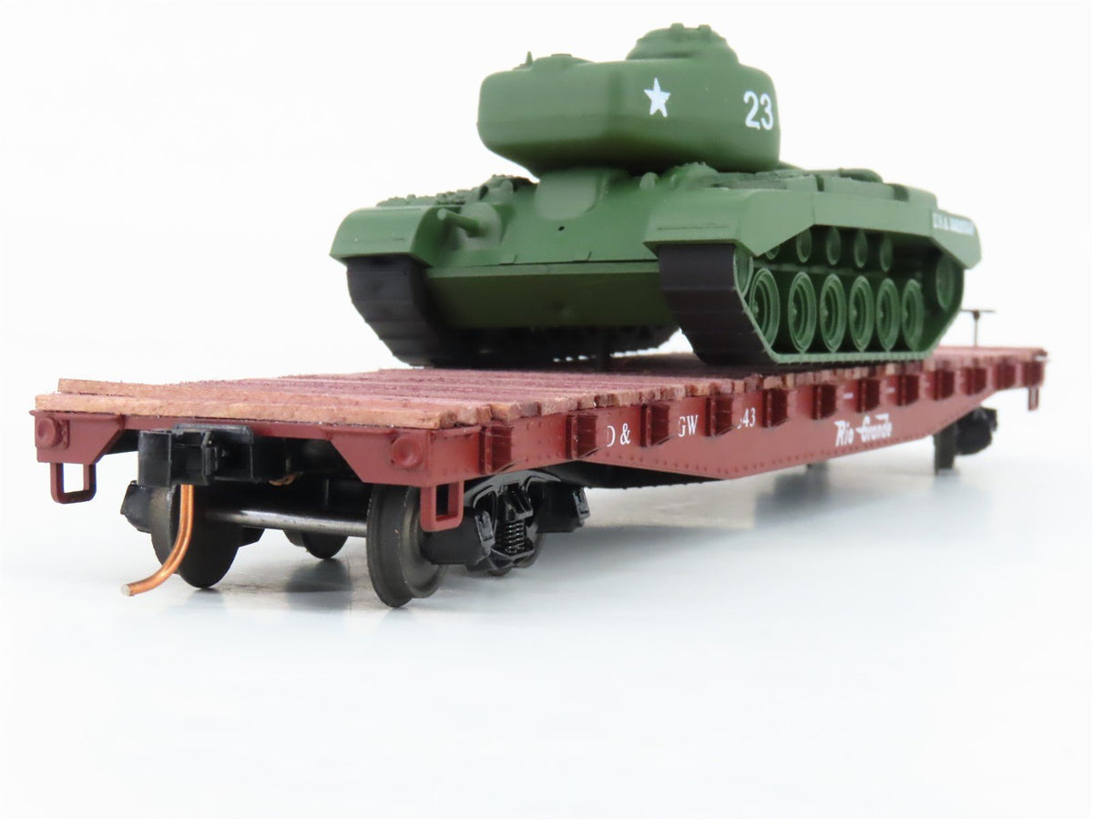 S Scale American Models 6009-TK D&amp;RGW Rio Grande Flat Car w/ U.S.A. Tank Load