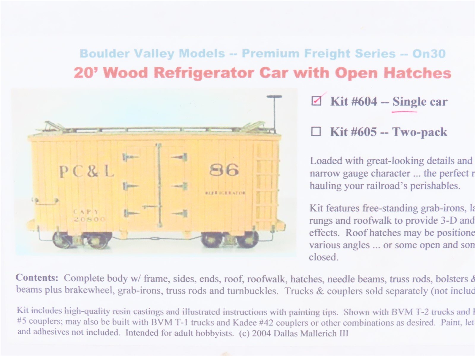 On30 Scale Boulder Valley Models Kit #604 20' Wood Reefer