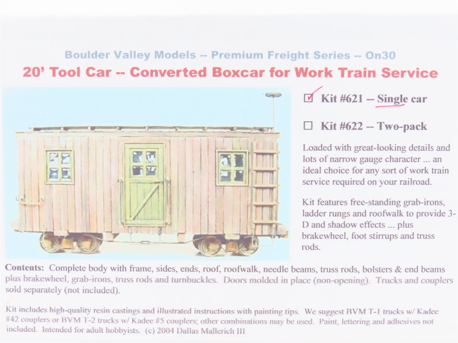 On30 Scale Boulder Valley Models Kit #621 20' Work Train Tool Car