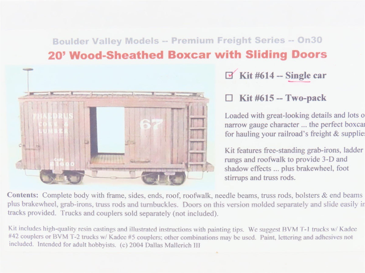 On30 Scale Boulder Valley Models Kit #614 20&#39; Wood Sheathed Box Car