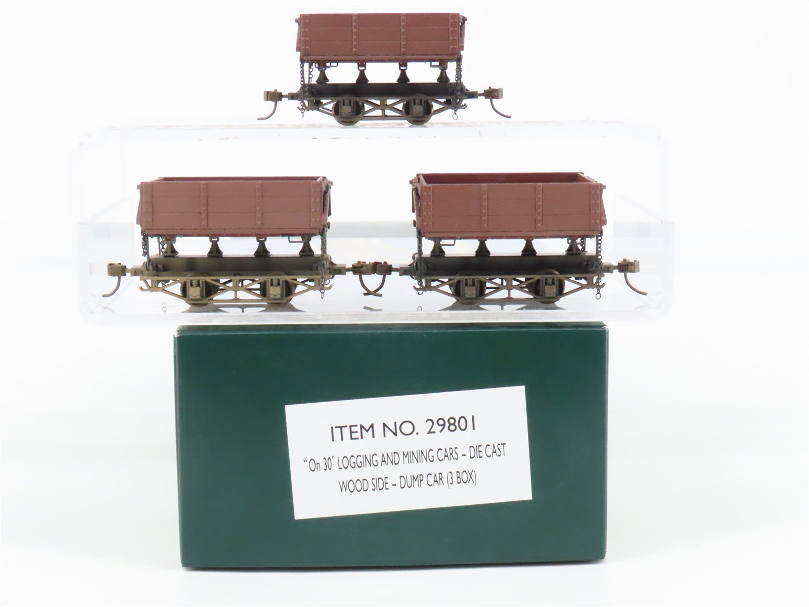 On30 Scale Bachmann Spectrum 29801 Die-Cast Wood Side Dump Cars 3-Pack