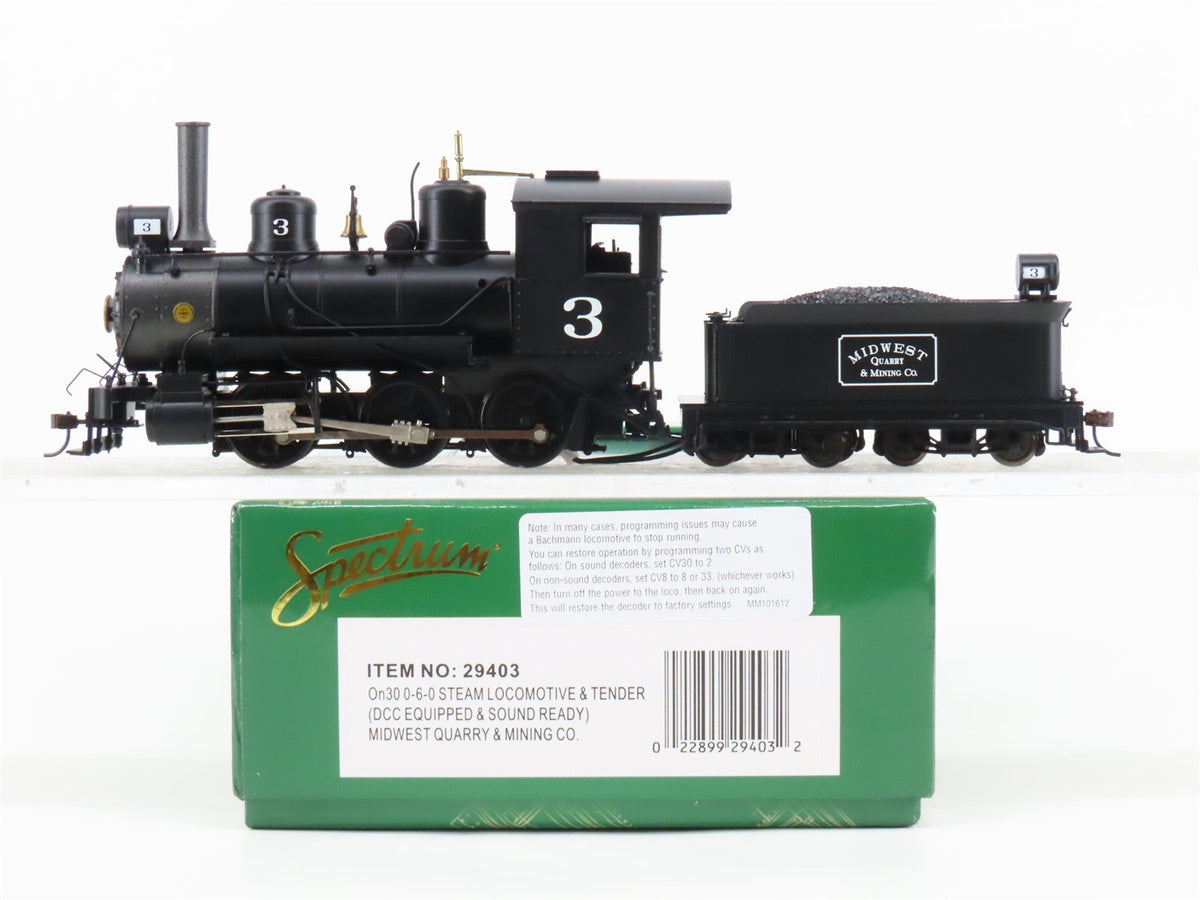 On30 Scale Bachmann Spectrum 29403 Midwest Quarry &amp; Mining 0-6-0 Steam #3 w/ DCC