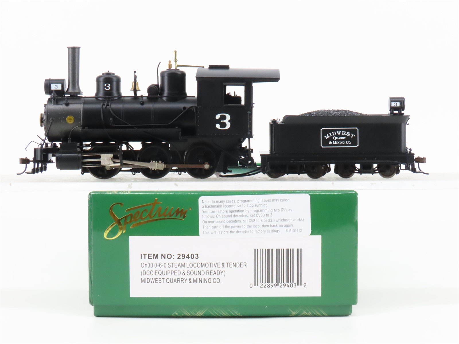 On30 Scale Bachmann Spectrum 29403 Midwest Quarry & Mining 0-6-0 Steam #3 w/ DCC