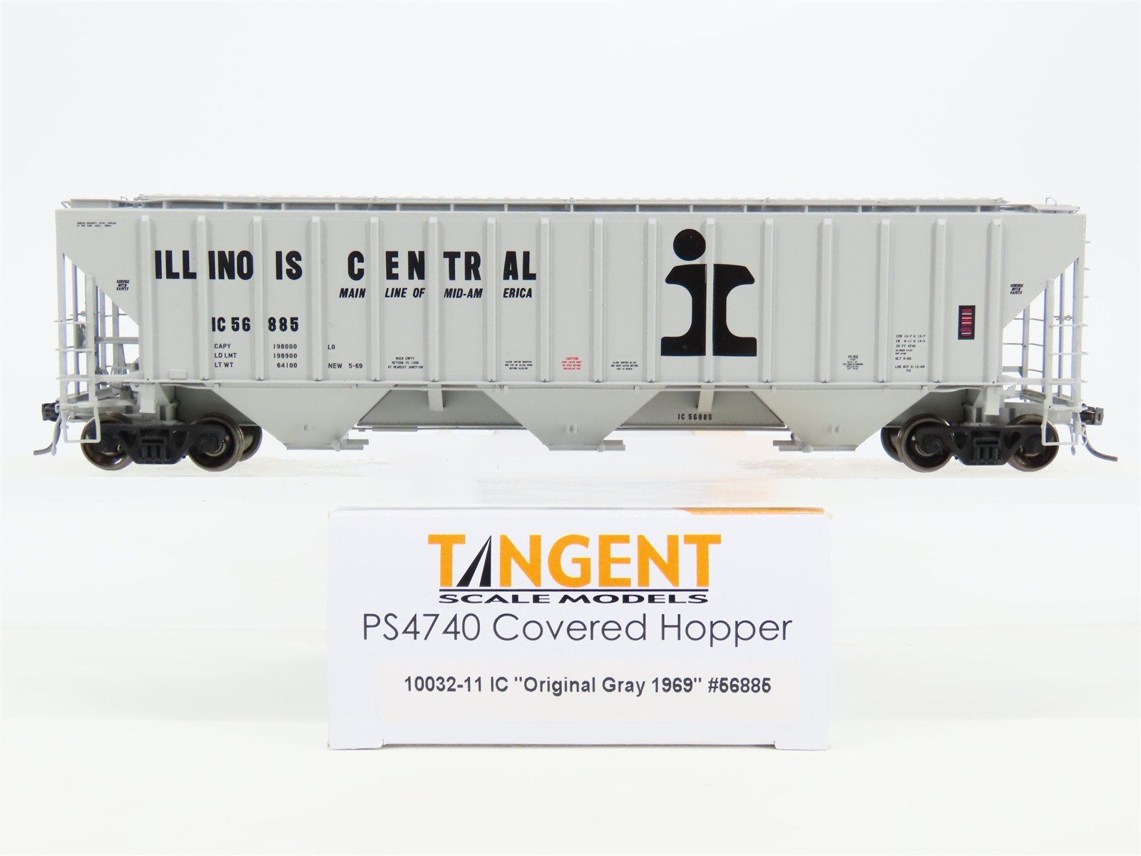 HO Scale Tangent 10032-11 IC Illinois Central 3 Bay Covered Hopper #56885