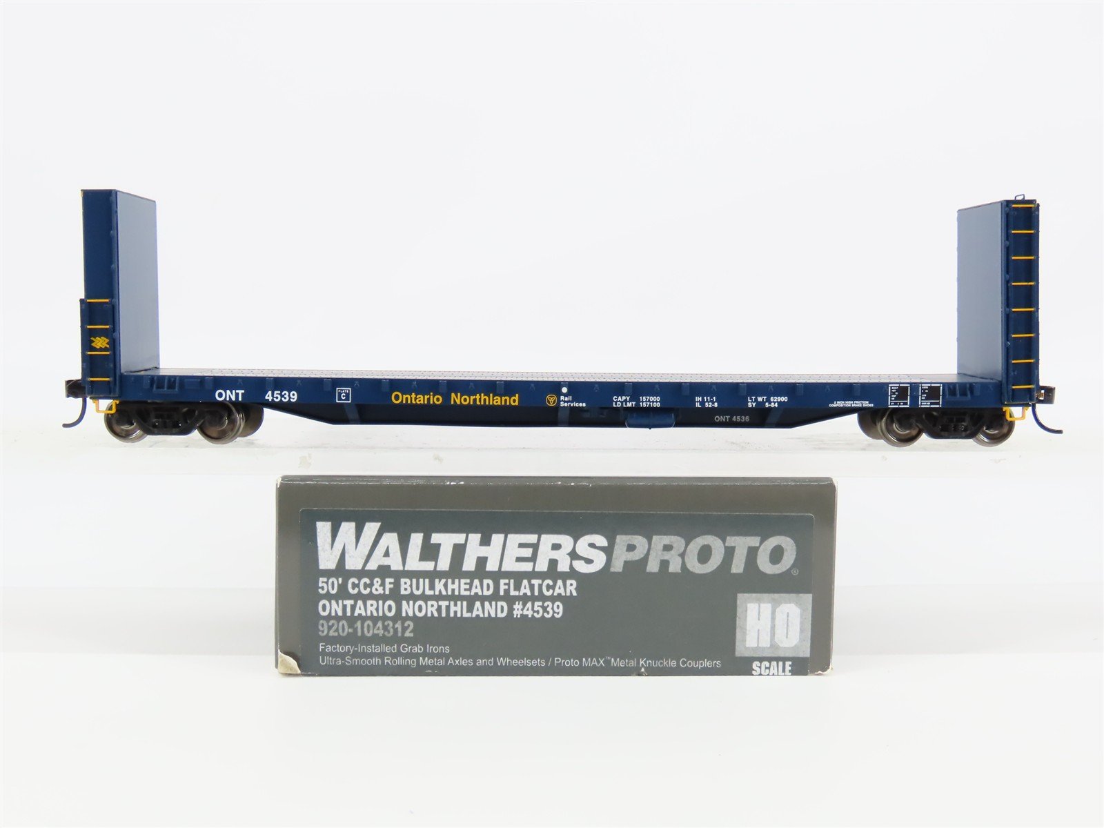 HO Scale Walthers Proto 920-104312 ONT Ontario Northland Bulkhead Flatcar #4539