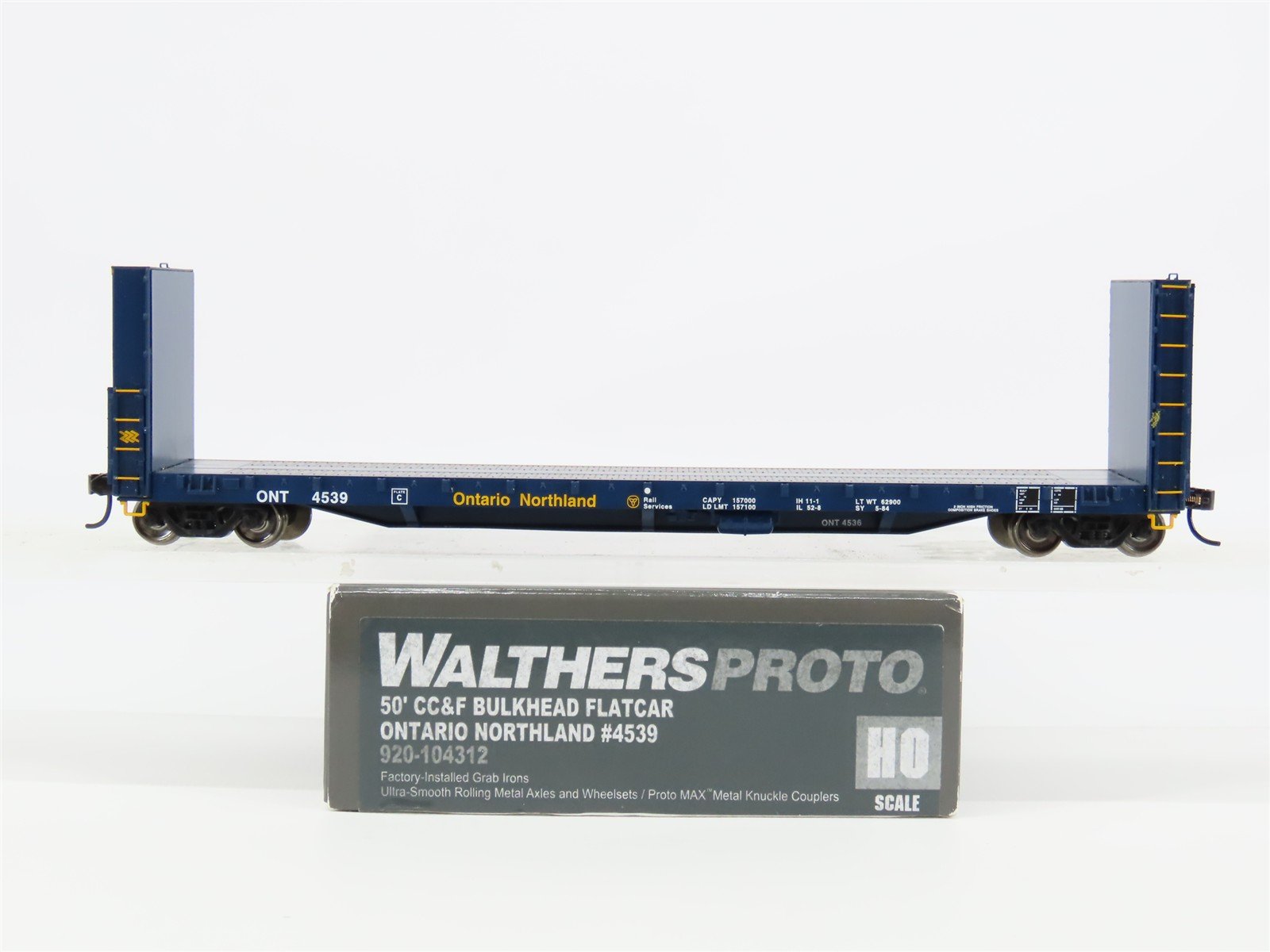 HO Scale Walthers Proto 920-104312 ONT Ontario Northland Bulkhead Flatcar #4539