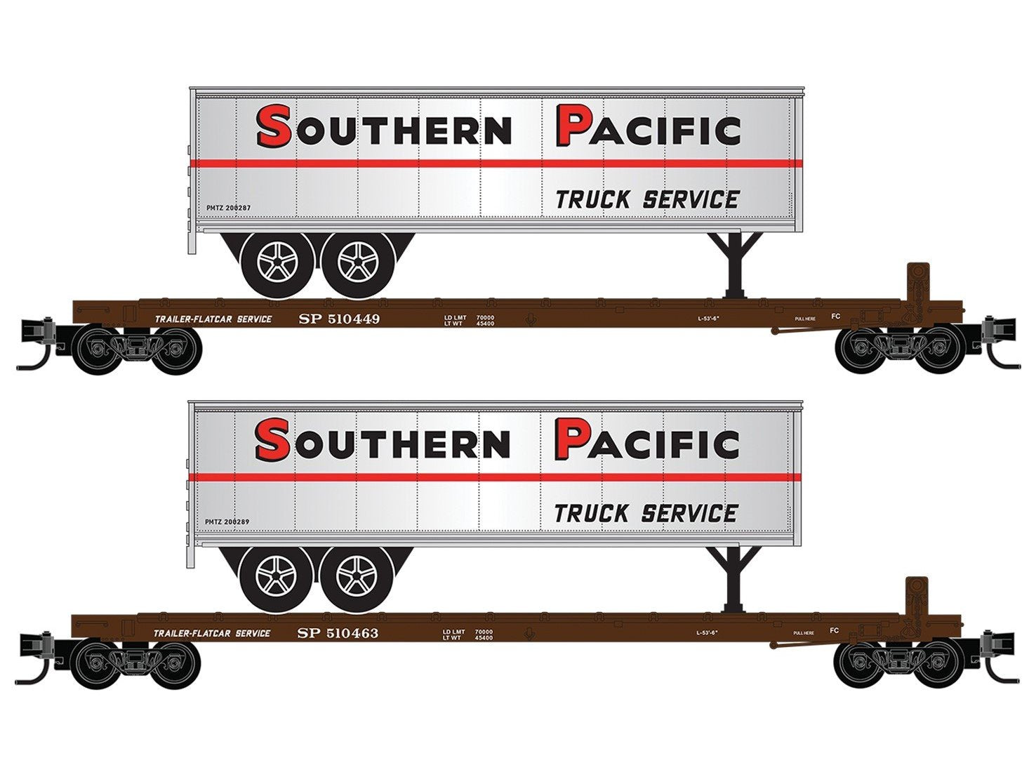 N Micro-Trains MTL 98302280 SP Southern Pacific Flat Cars 2-Pack w/ Trailers