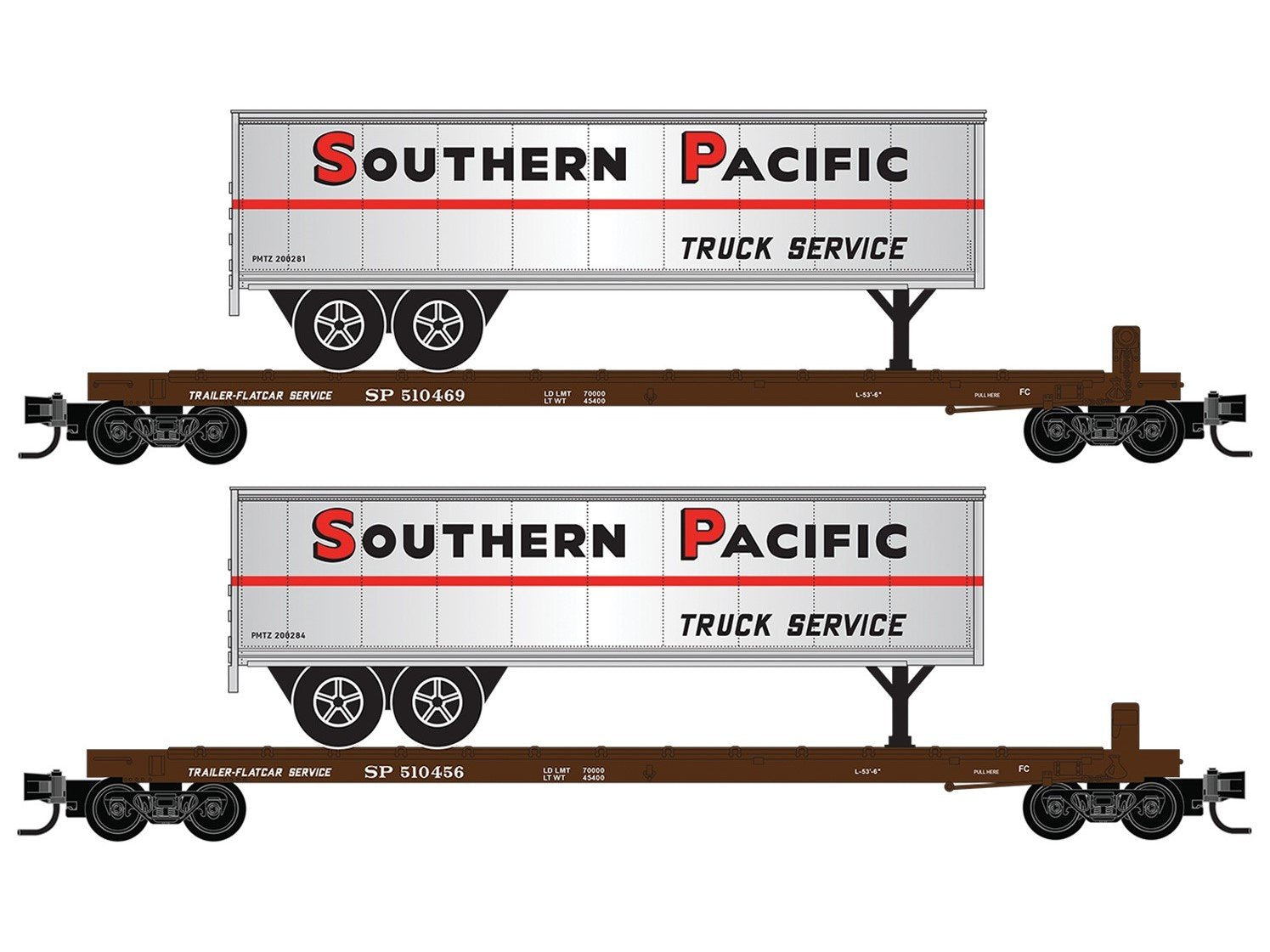N Micro-Trains MTL 98302279 SP Southern Pacific Flat Cars 2-Pack w/ Trailers