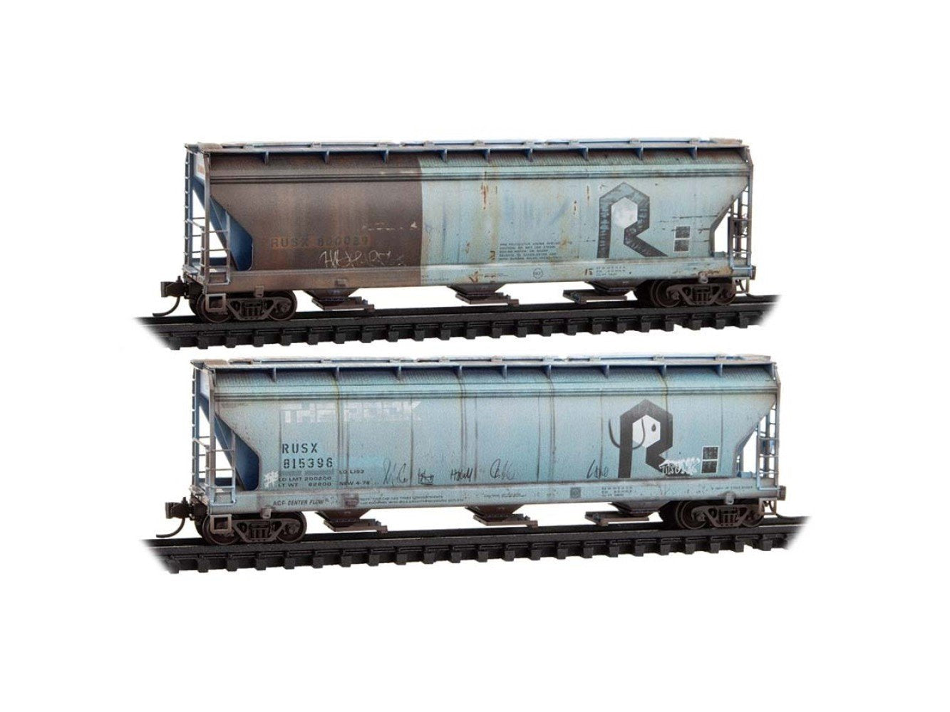 N Micro-Trains MTL 98305100 RUSX/ex-RI 3-Bay Covered Hoppers 2-Pack w/ Graffiti