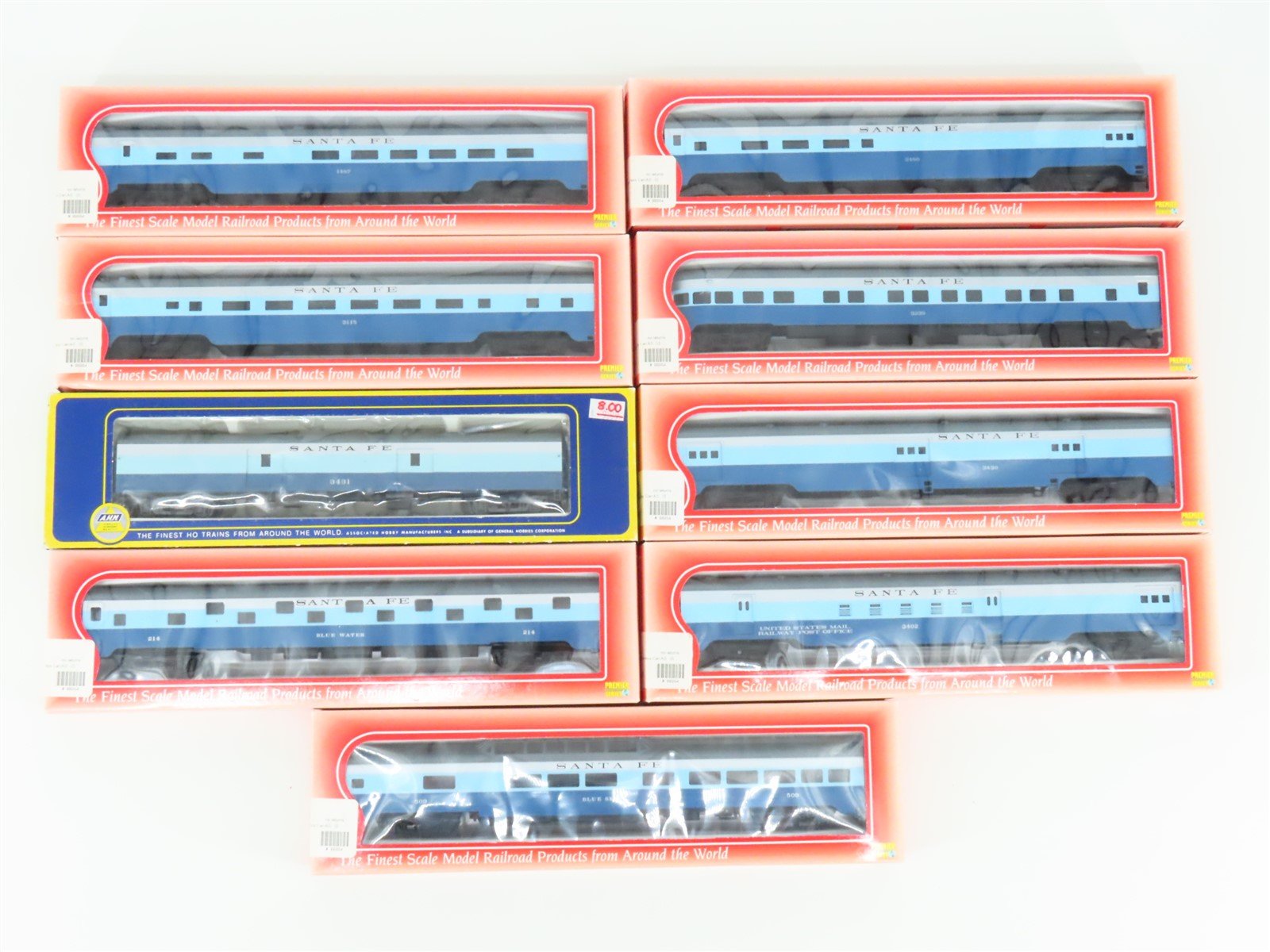 LOT of 9 HO IHC Premier Series / AHM ATSF Santa Fe "Blue Goose" Passenger Cars