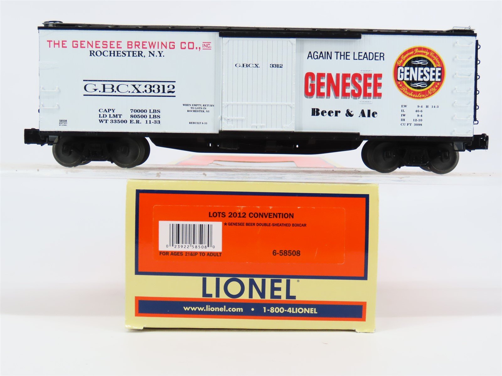 O Gauge 3-Rail Lionel 6-58508 LOTS 2012 GBCX Genesee Beer Box Car #3312