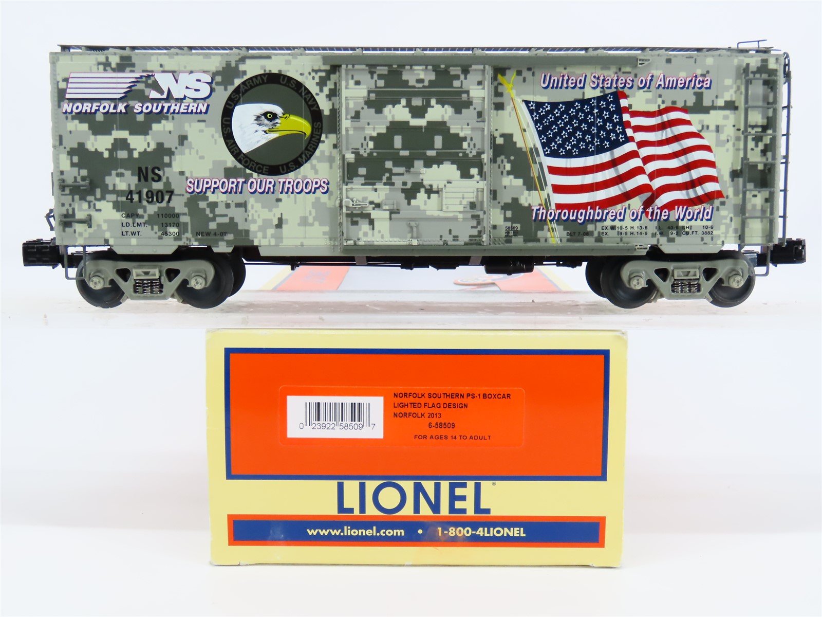 O Gauge 3-Rail Lionel 6-58509 NS Norfolk Southern Lighted Flag Box Car #41907