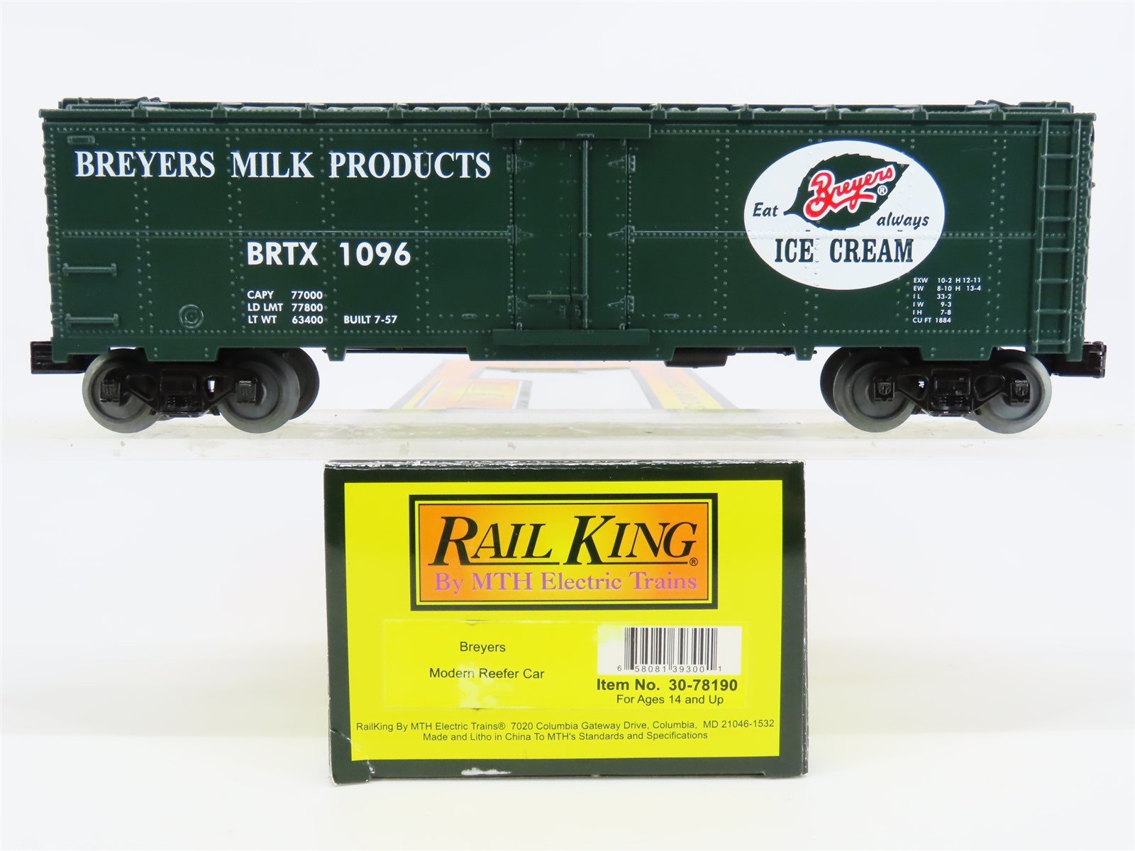 O Gauge 3-Rail MTH Rail King 30-78190 BRTX Breyers Ice Cream Reefer #1096