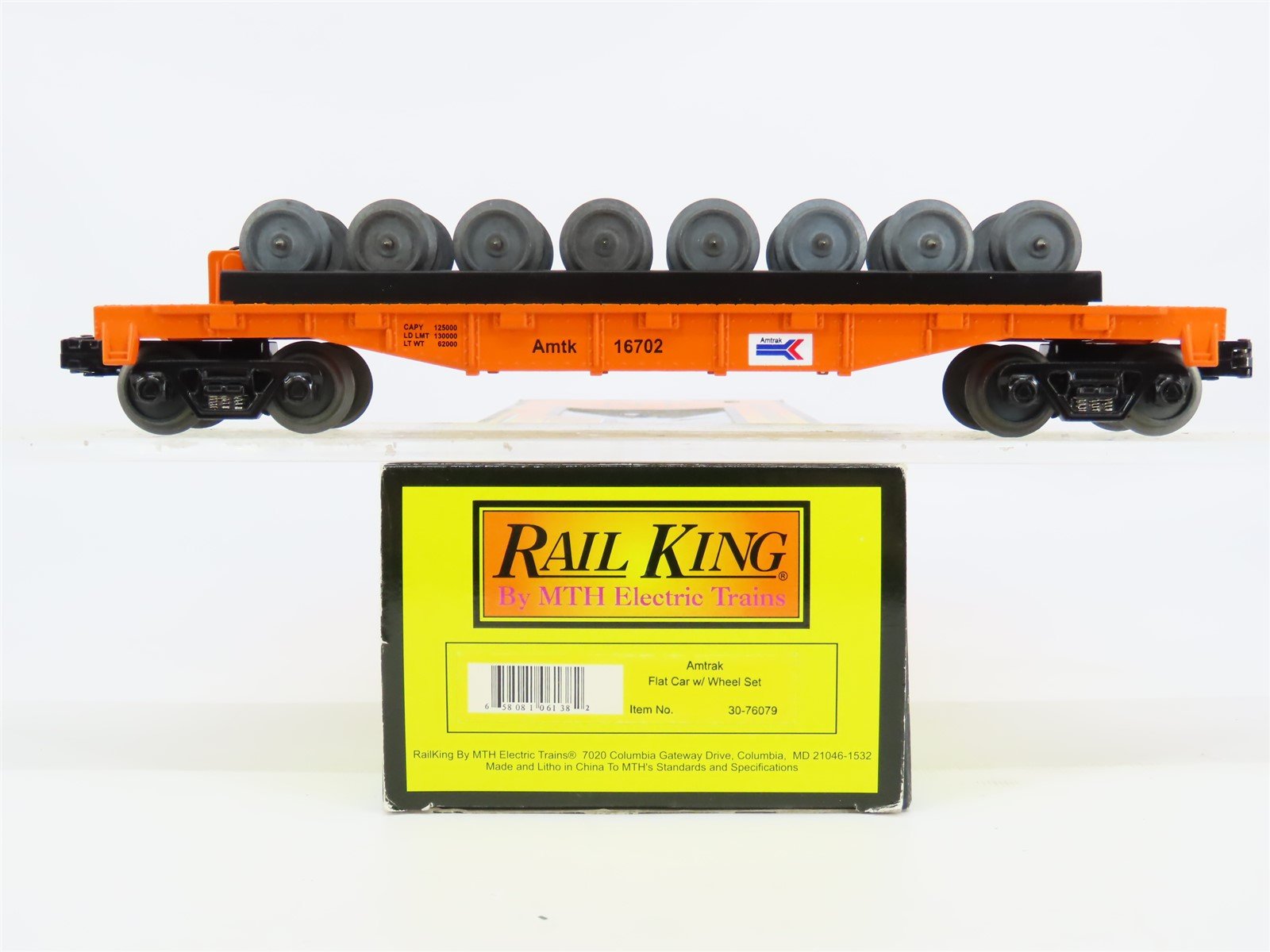 O Gauge 3-Rail MTH Rail King 30-76079 Amtrak Flat Car #16702 w/ Wheel Set