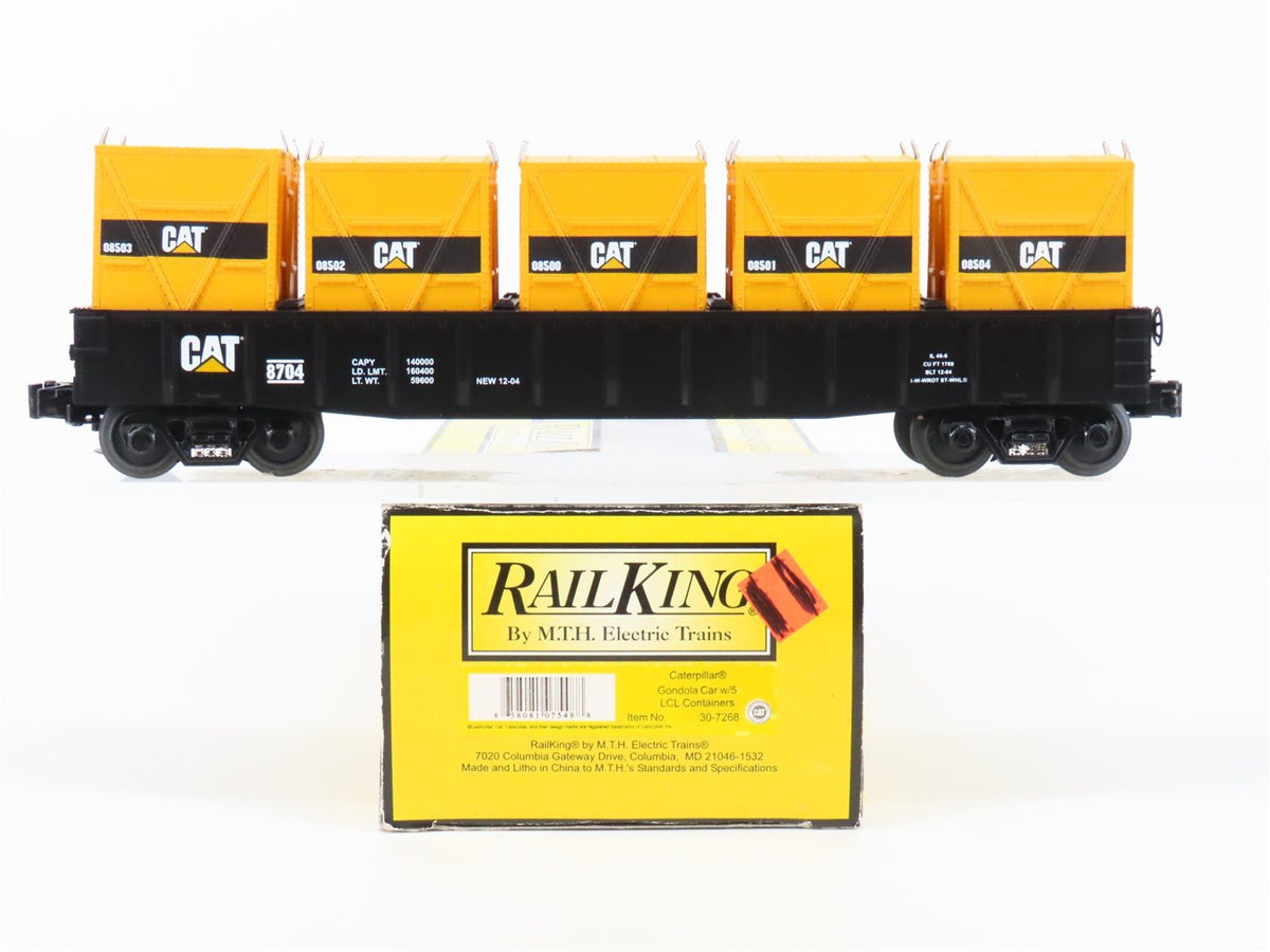 O Gauge 3-Rail MTH Rail King 30-7268 CAT Caterpillar Gondola #8704 w/ Containers