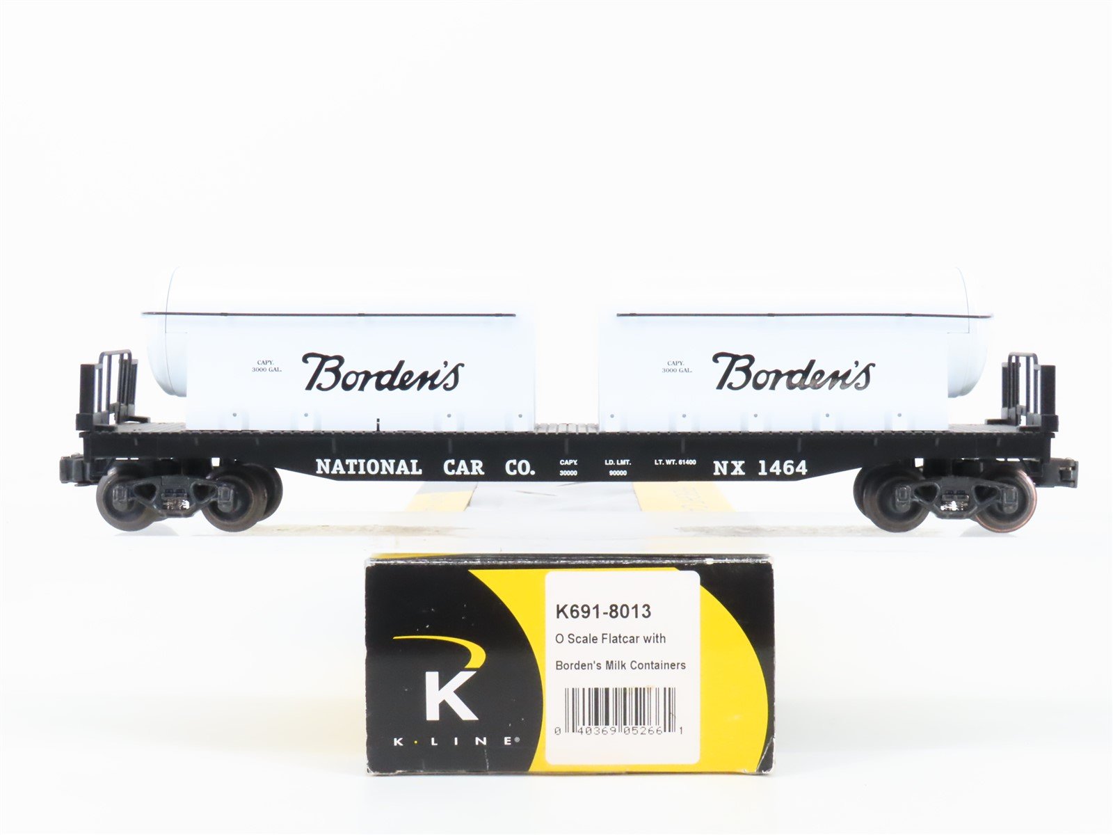 O Gauge 3-Rail K-Line K691-8013 NX Flat Car #1464 w/ Borden's Milk Containers