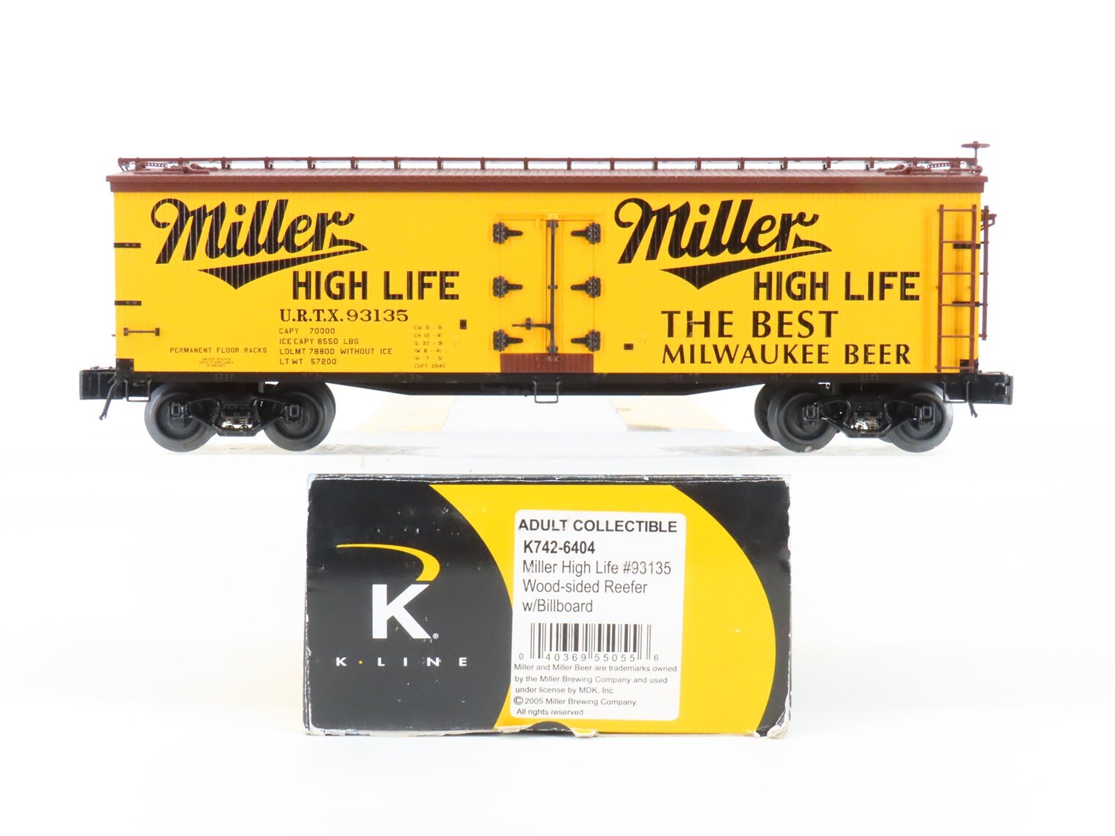 O Gauge 3-Rail K-Line K742-6404 URTX Miller High Life Reefer #93135 w/ Billboard