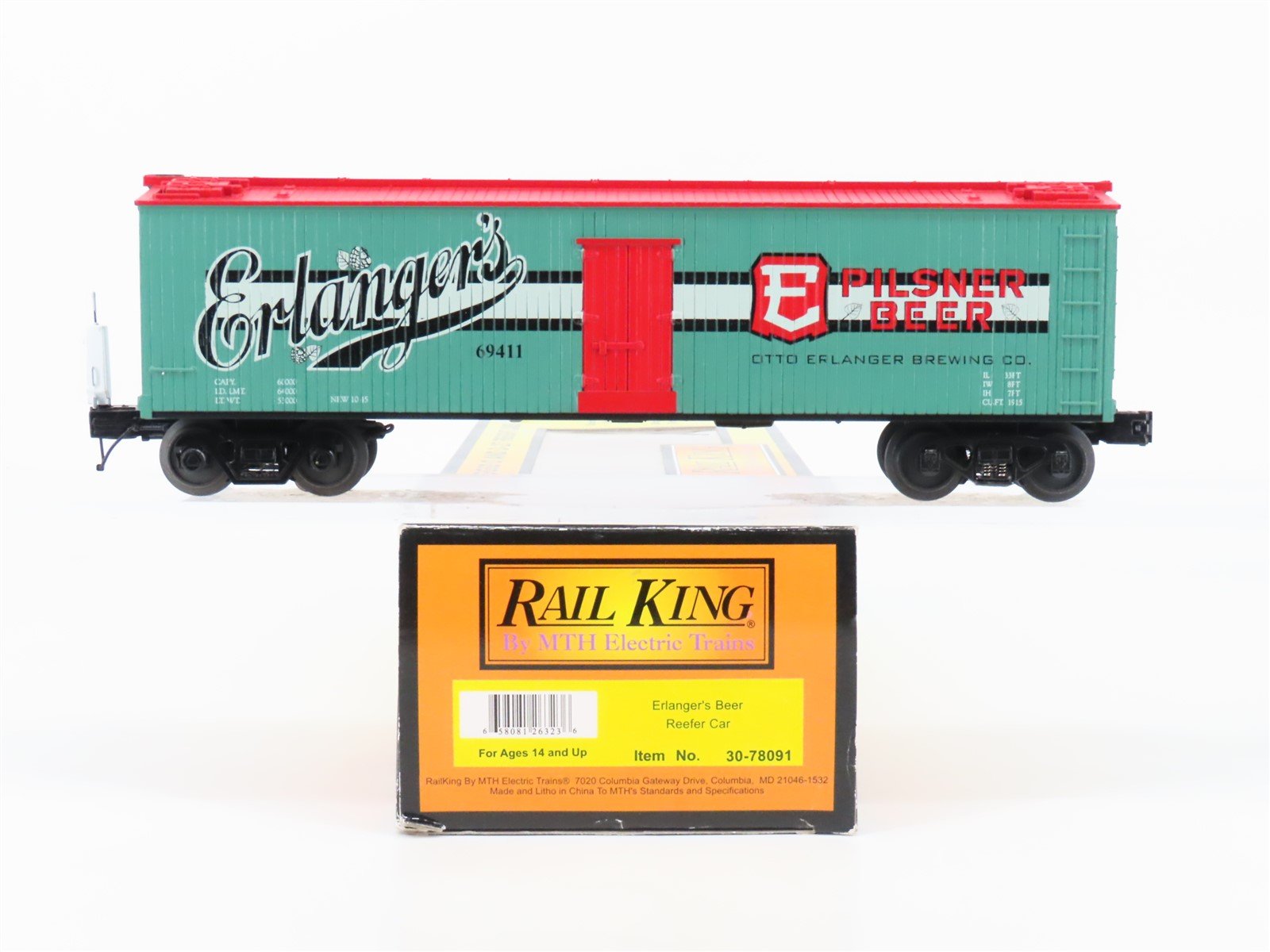 O Gauge 3-Rail MTH Rail King 30-78091 Erlanger's Beer Reefer #69411 w/ ETD