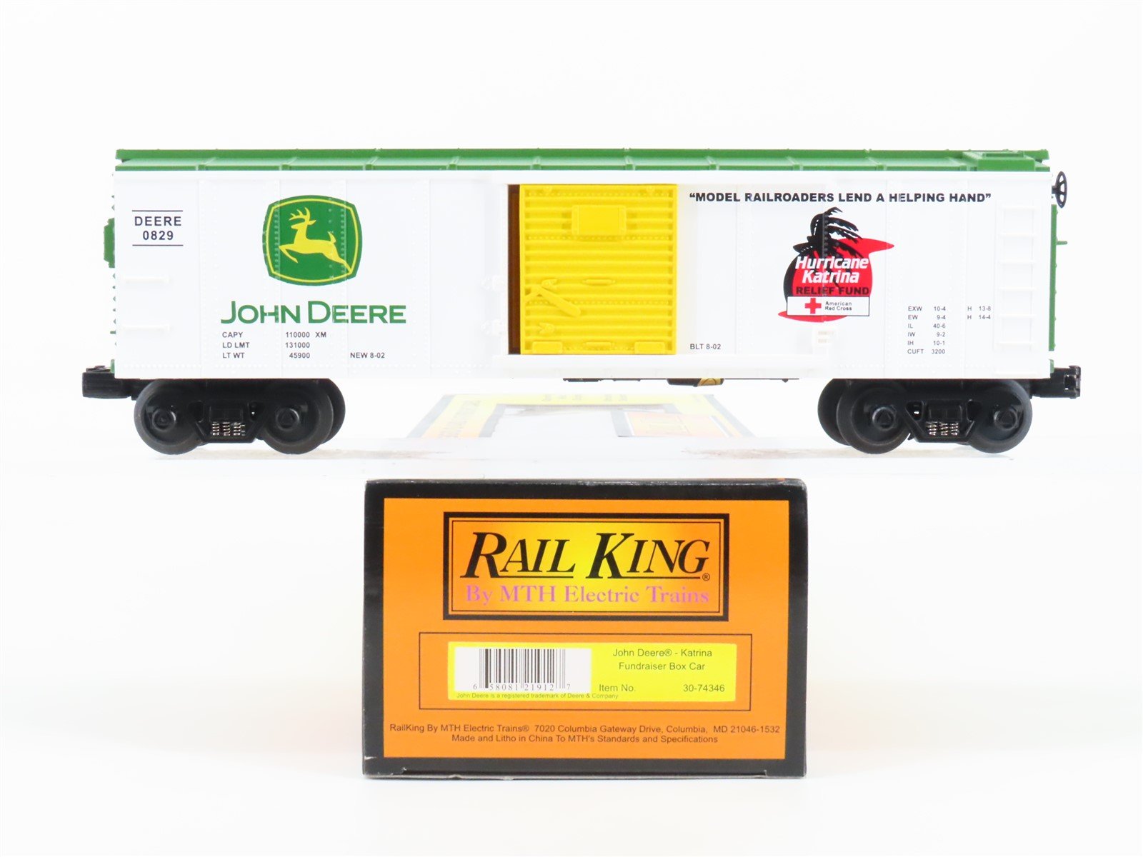 O Gauge 3-Rail MTH Rail King 30-74346 DEERE Katrina Fundraiser Box Car #0829