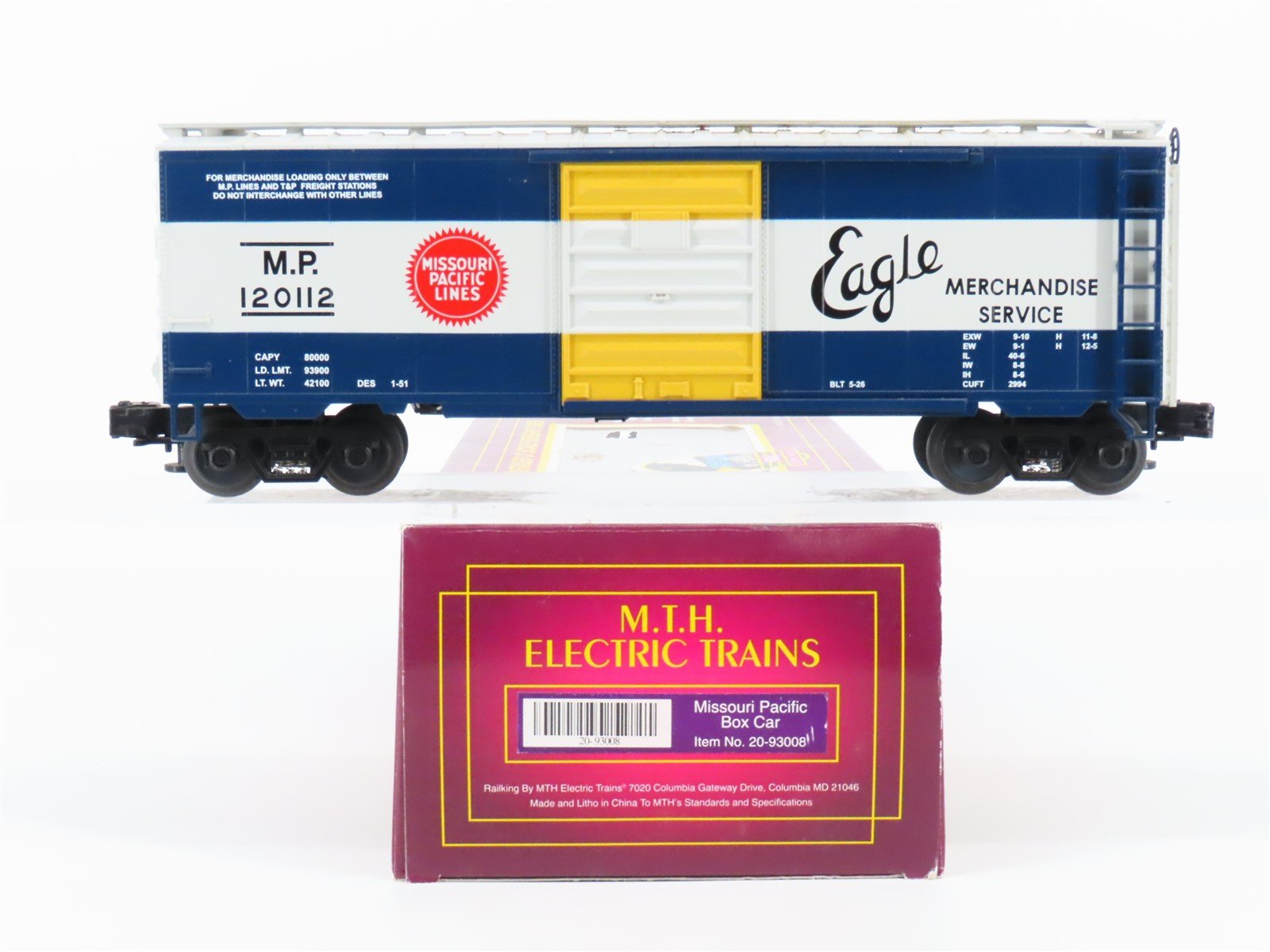 O Gauge 3-Rail MTH 20-93008 MP Missouri Pacific Eagle Box Car #120112